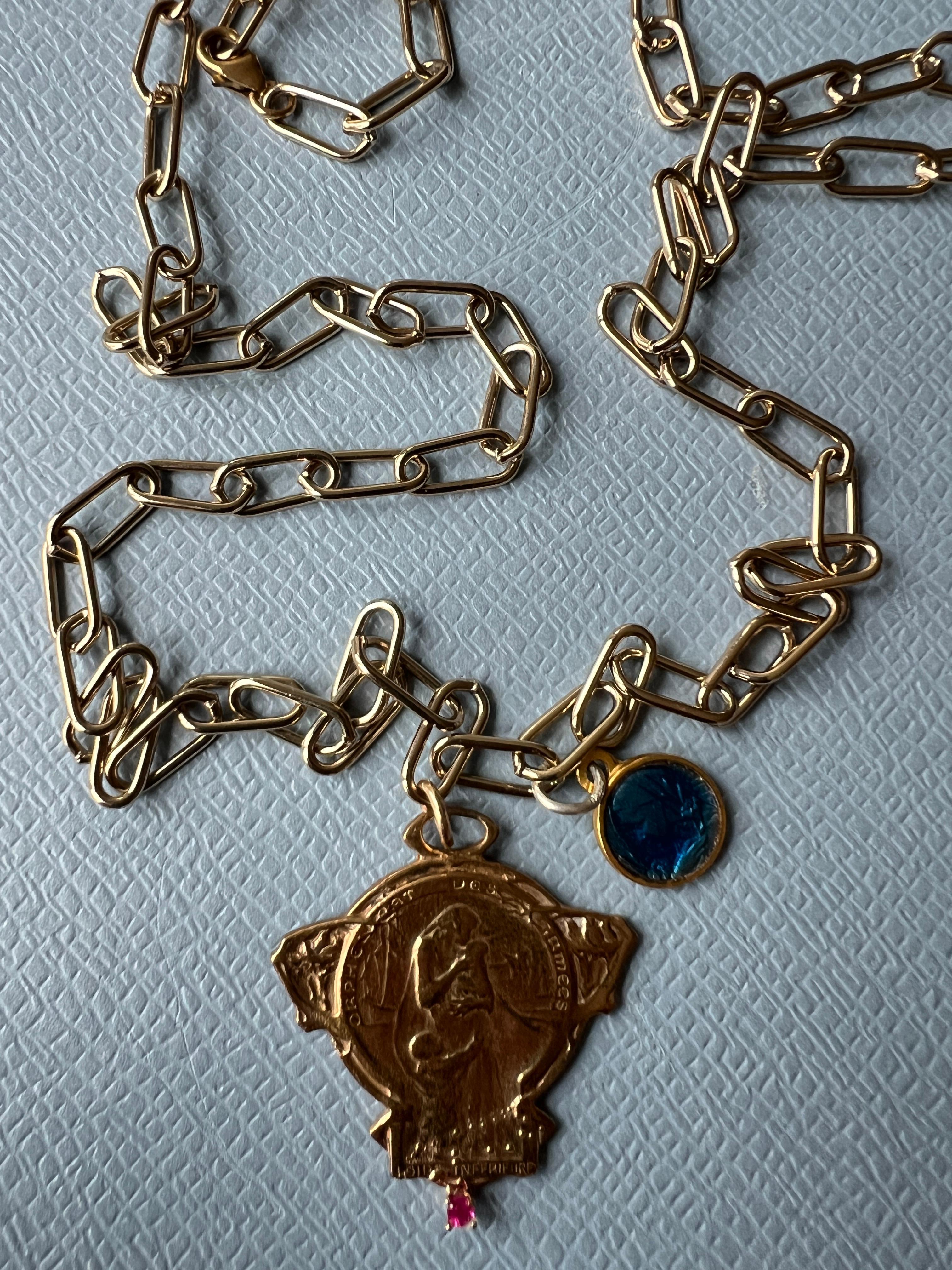 Halskette mit Rubin-Rubin-Medaille-Halskette Jungfrau Maria Vintage Blau Emaille J Dauphin 5