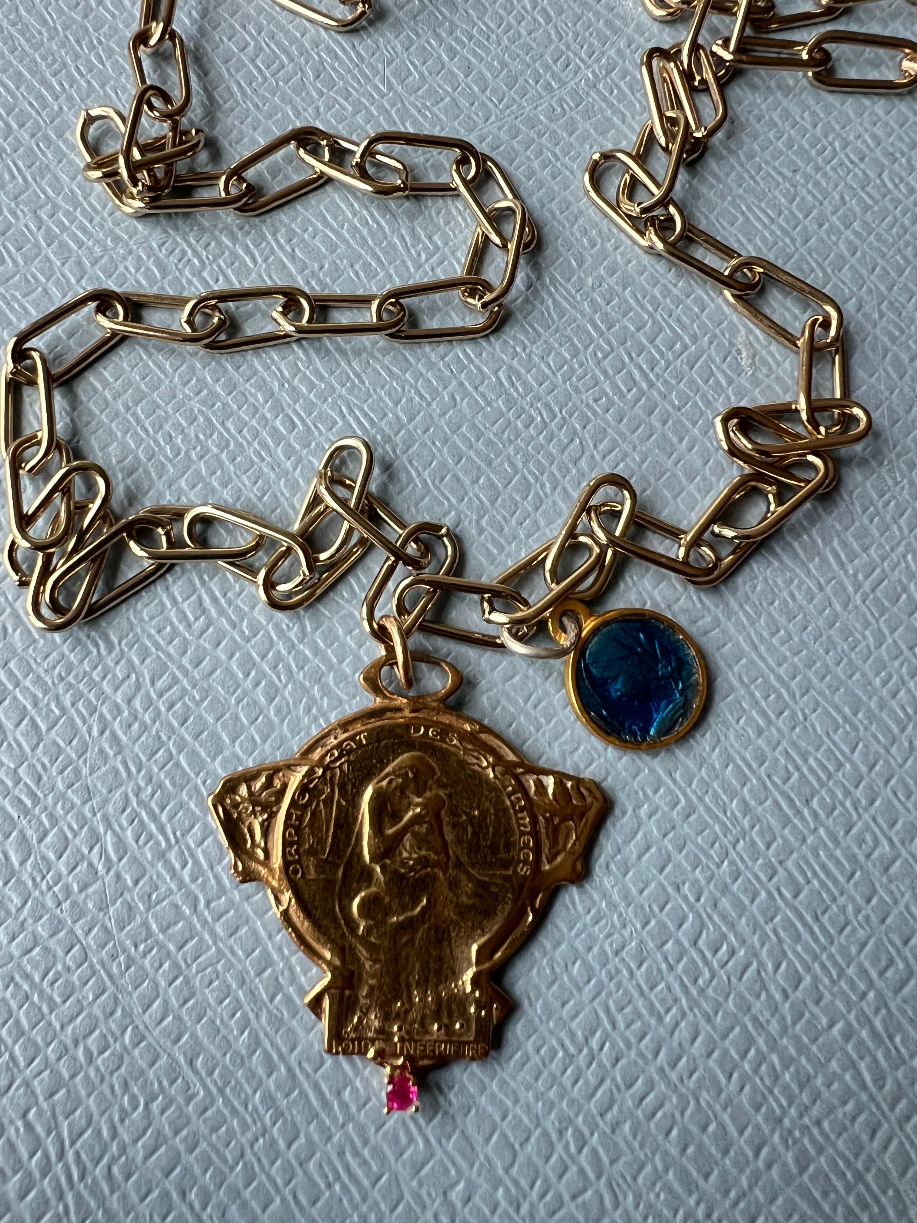 Halskette mit Rubin-Rubin-Medaille-Halskette Jungfrau Maria Vintage Blau Emaille J Dauphin 6