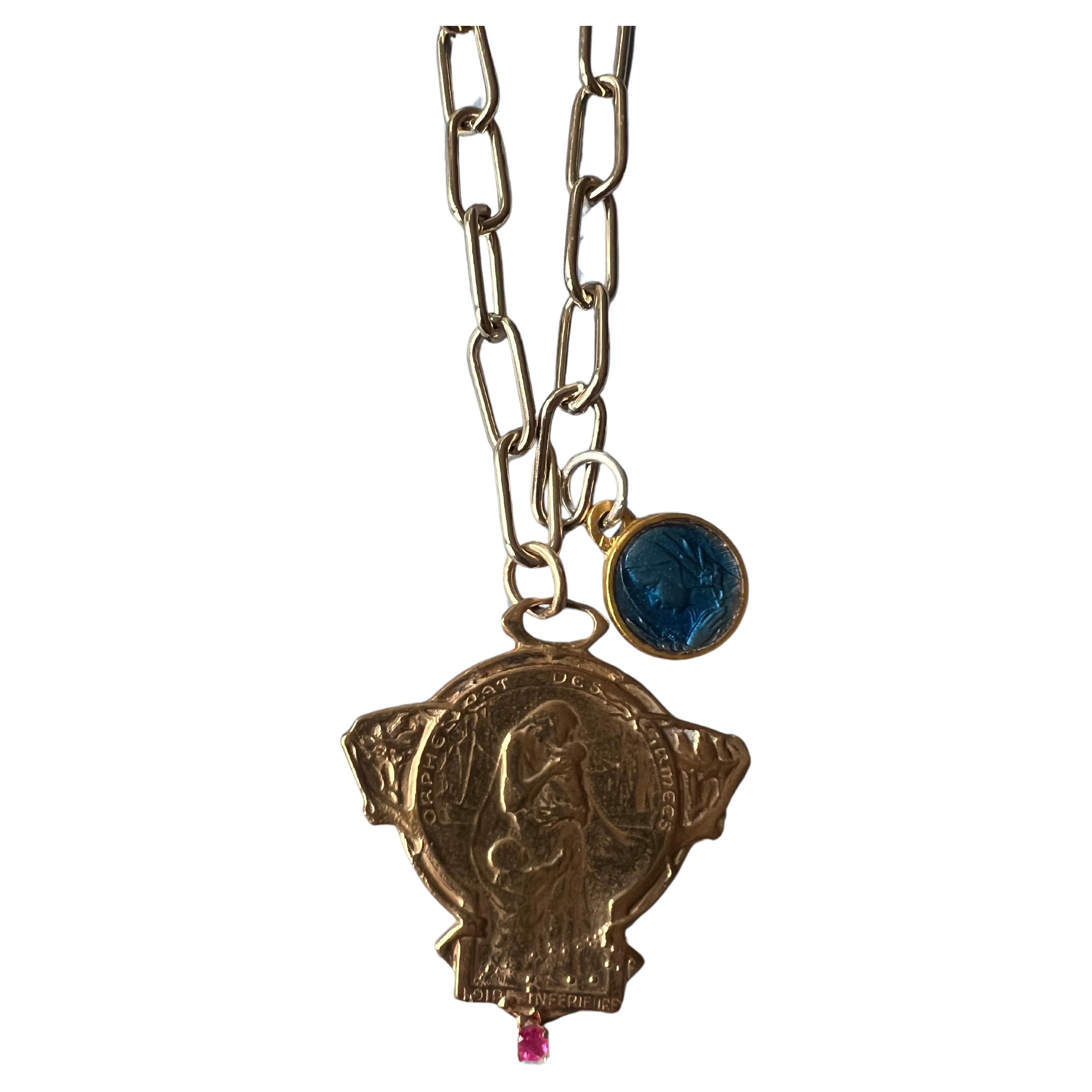 Halskette mit Rubin-Rubin-Medaille-Halskette Jungfrau Maria Vintage Blau Emaille J Dauphin (Brillantschliff)