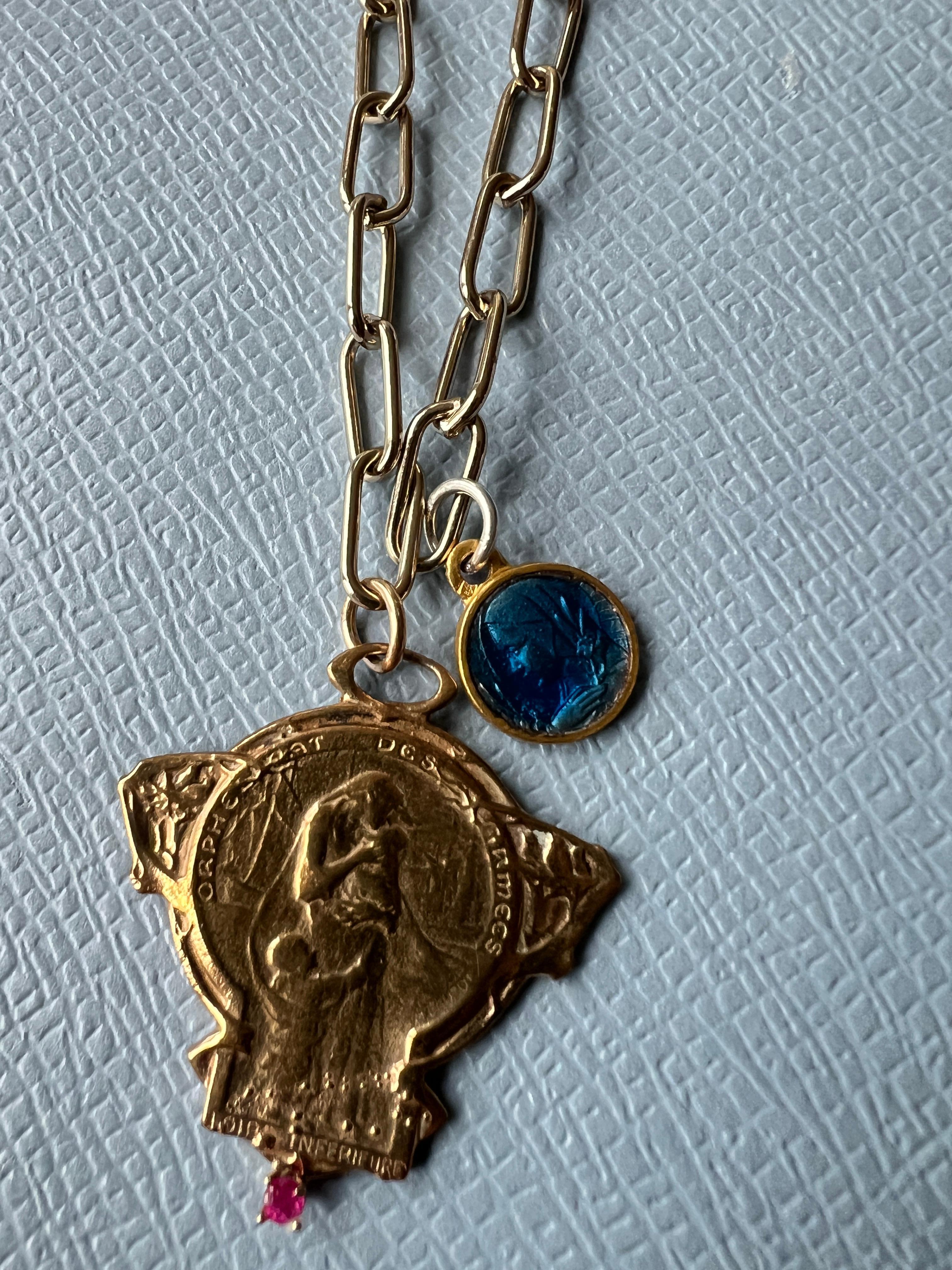 Halskette mit Rubin-Rubin-Medaille-Halskette Jungfrau Maria Vintage Blau Emaille J Dauphin Damen