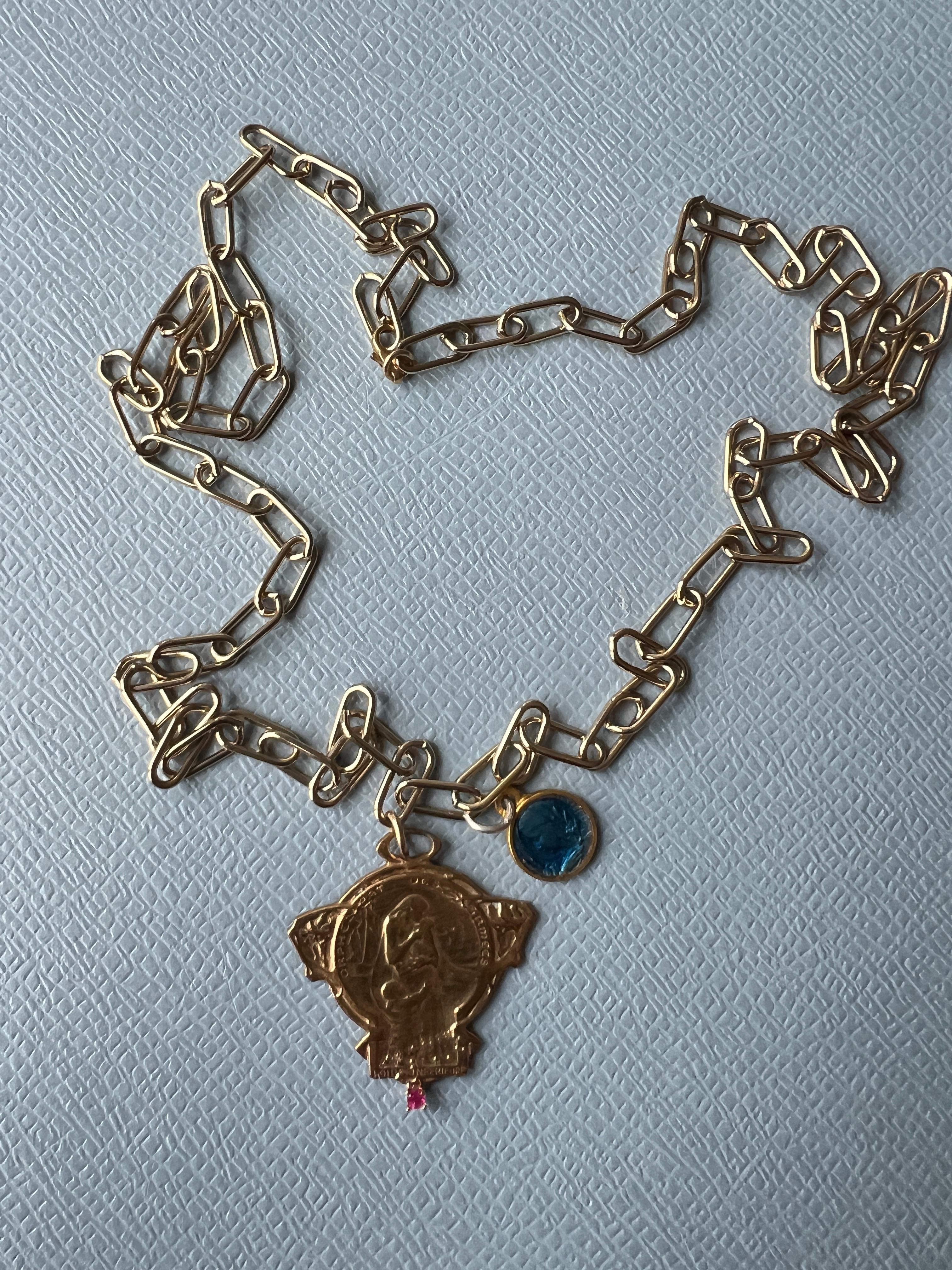 Halskette mit Rubin-Rubin-Medaille-Halskette Jungfrau Maria Vintage Blau Emaille J Dauphin 1