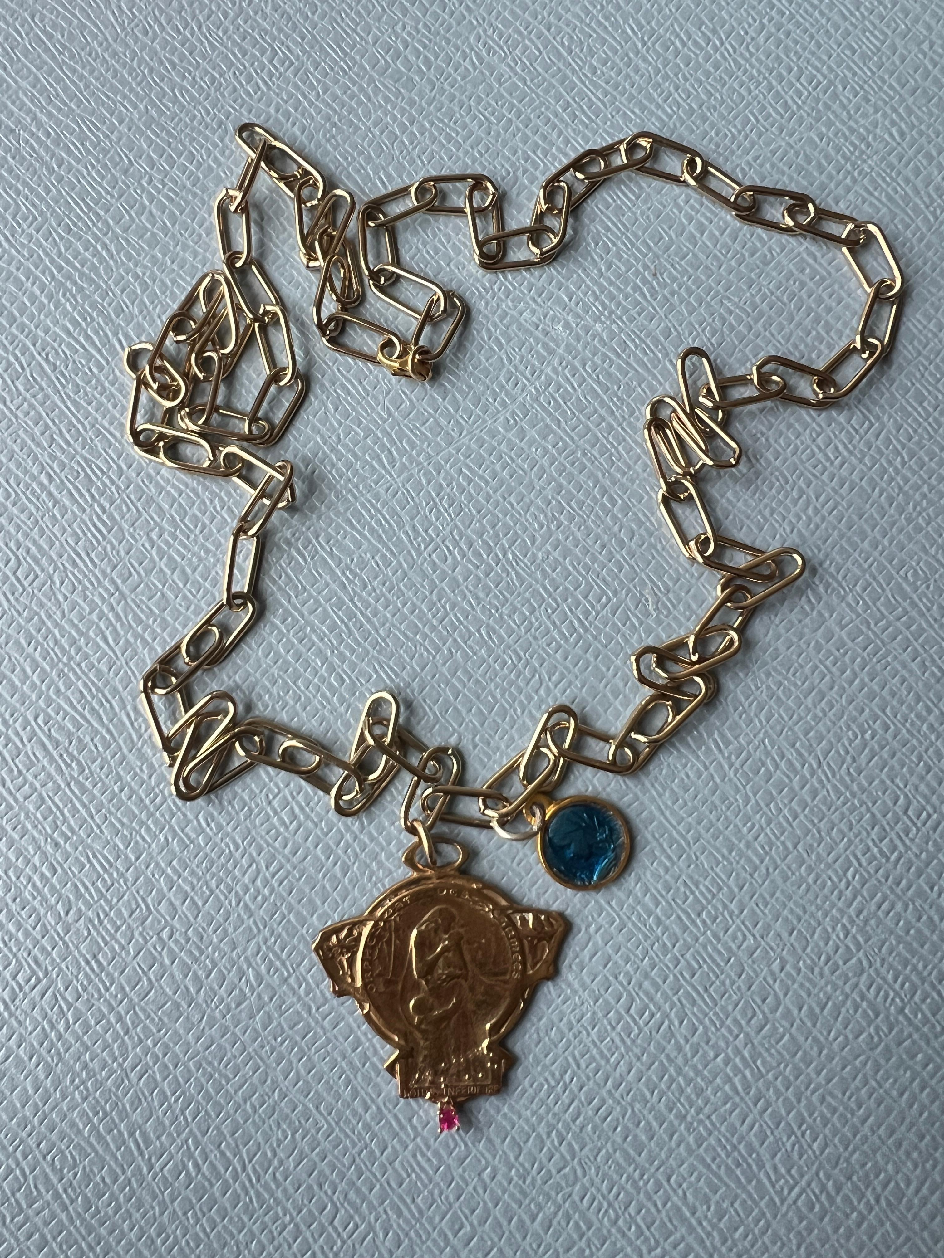 Halskette mit Rubin-Rubin-Medaille-Halskette Jungfrau Maria Vintage Blau Emaille J Dauphin 2