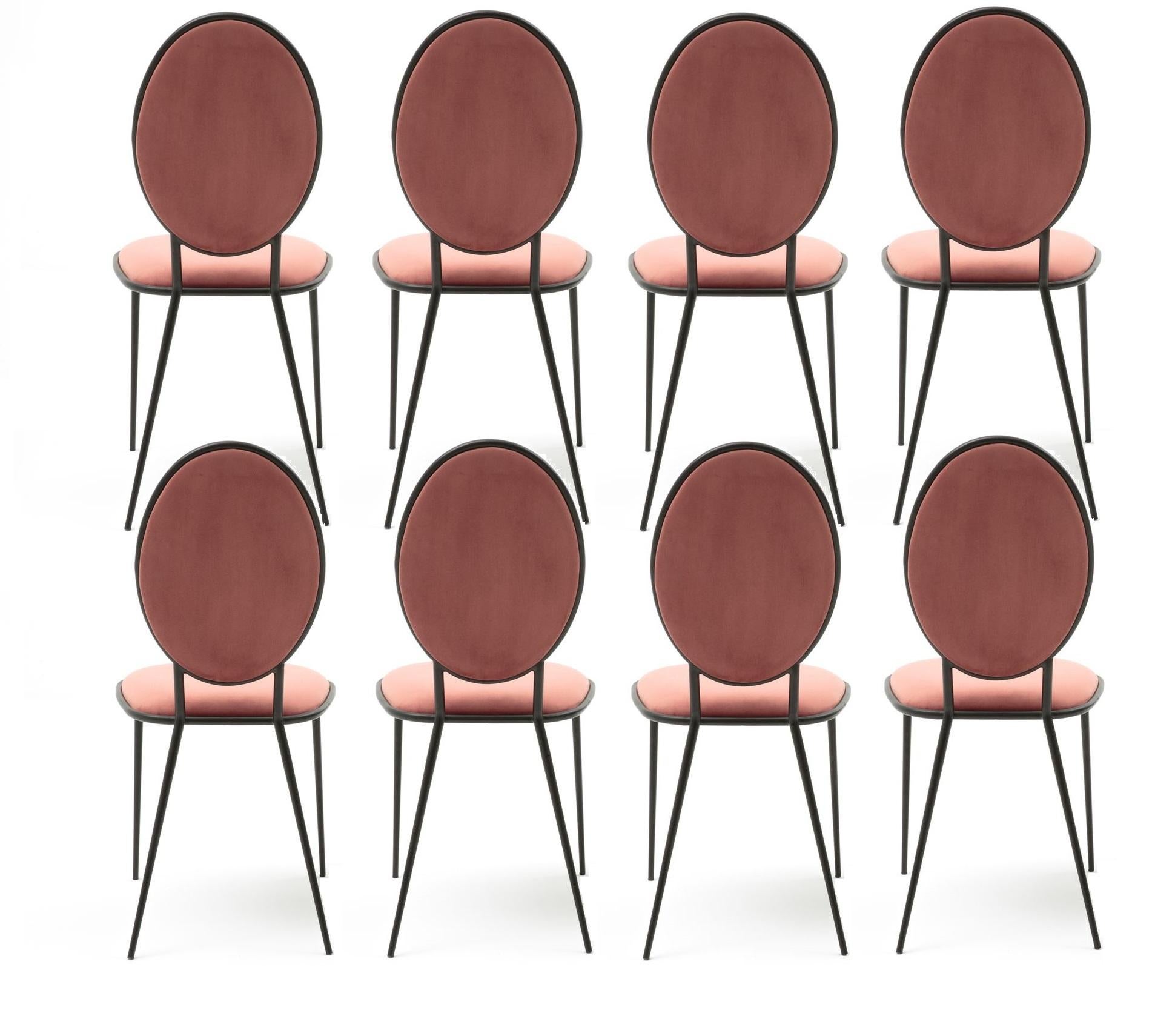 Mid-Century Modern Set of 8, Medalia Contemporary Dining Chair Upholstered in Rosewood Velvet