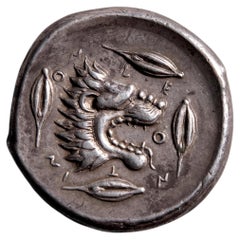 Moneta d'argento dell'antica Grecia, tetradracma proveniente da Leontini, in Sicilia, 450 a.C. circa