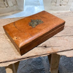 Medallion Adorned Distressed Leather Jewelry Box Vintage Midcentury Mexico 1970s