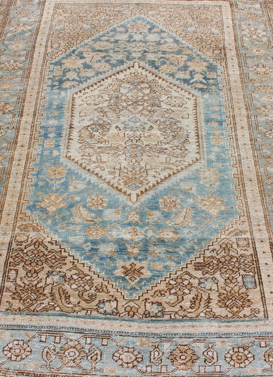 Antique Persian Hamadan Rug with Layered Medallions in Blue, Brown and Taupe  In Good Condition For Sale In Atlanta, GA
