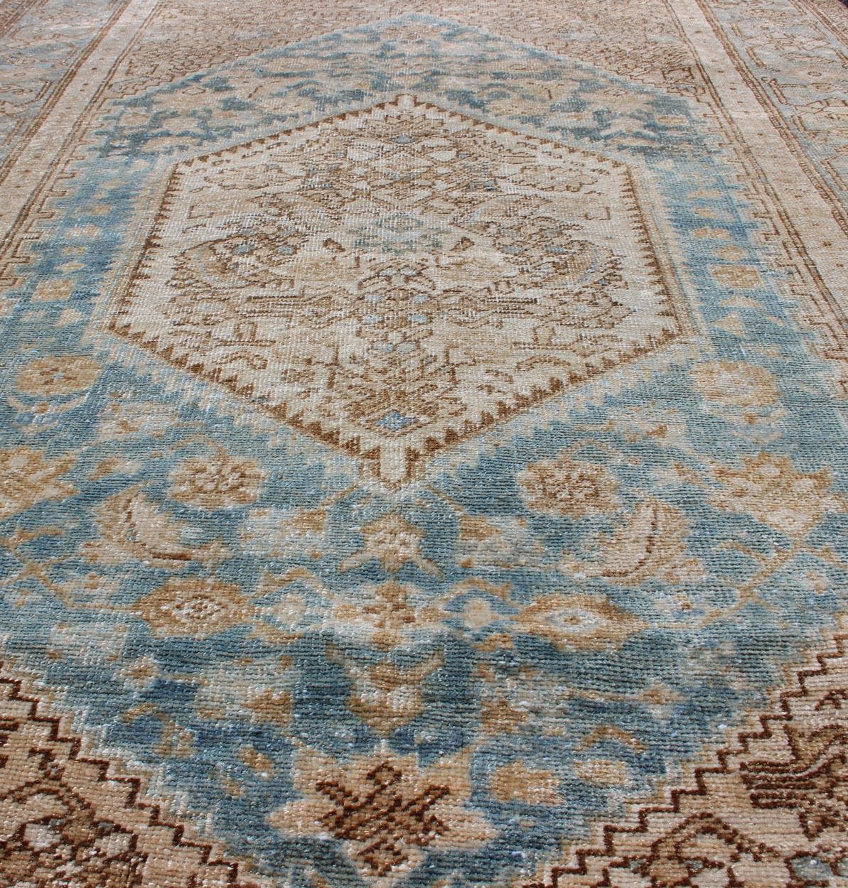 Early 20th Century Antique Persian Hamadan Rug with Layered Medallions in Blue, Brown and Taupe  For Sale