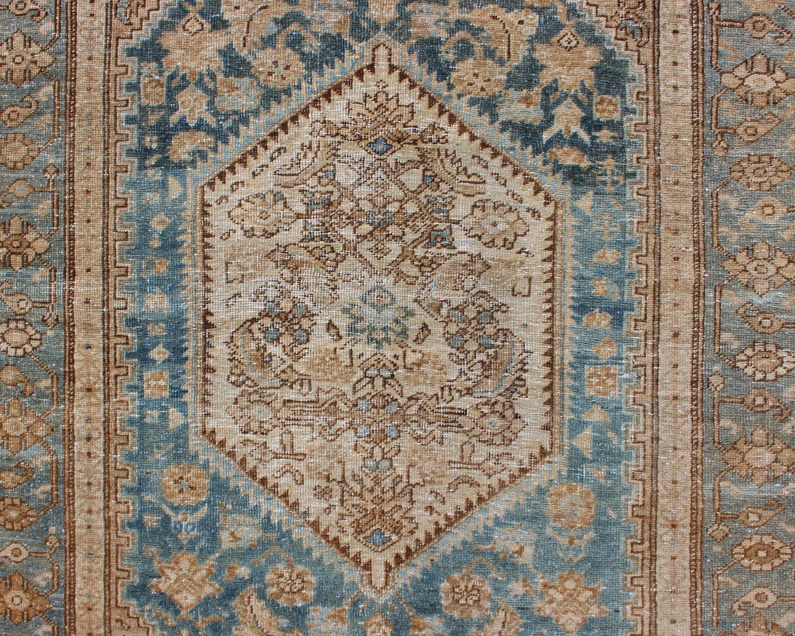 Wool Antique Persian Hamadan Rug with Layered Medallions in Blue, Brown and Taupe  For Sale