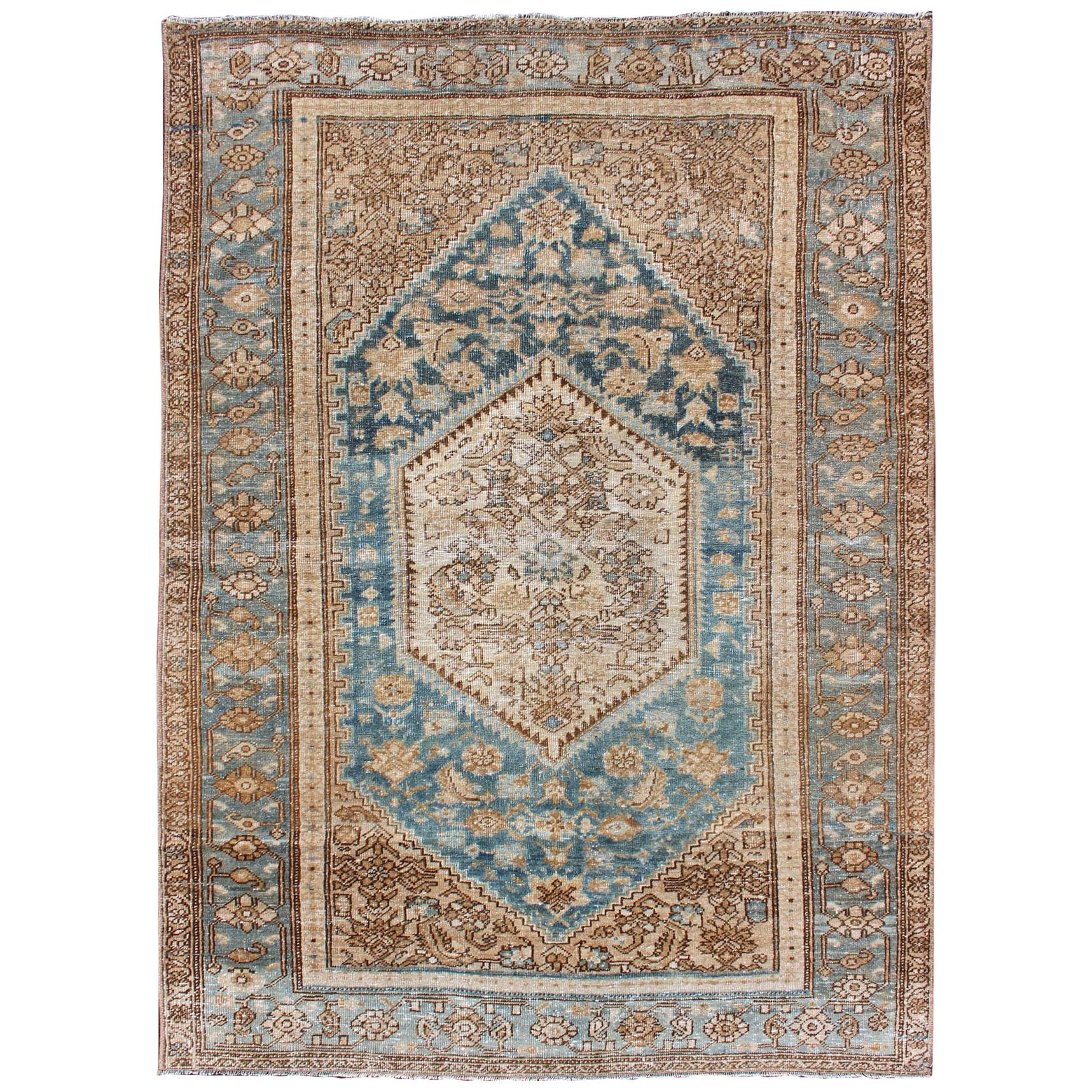 Antique Persian Hamadan Rug with Layered Medallions in Blue, Brown and Taupe  For Sale