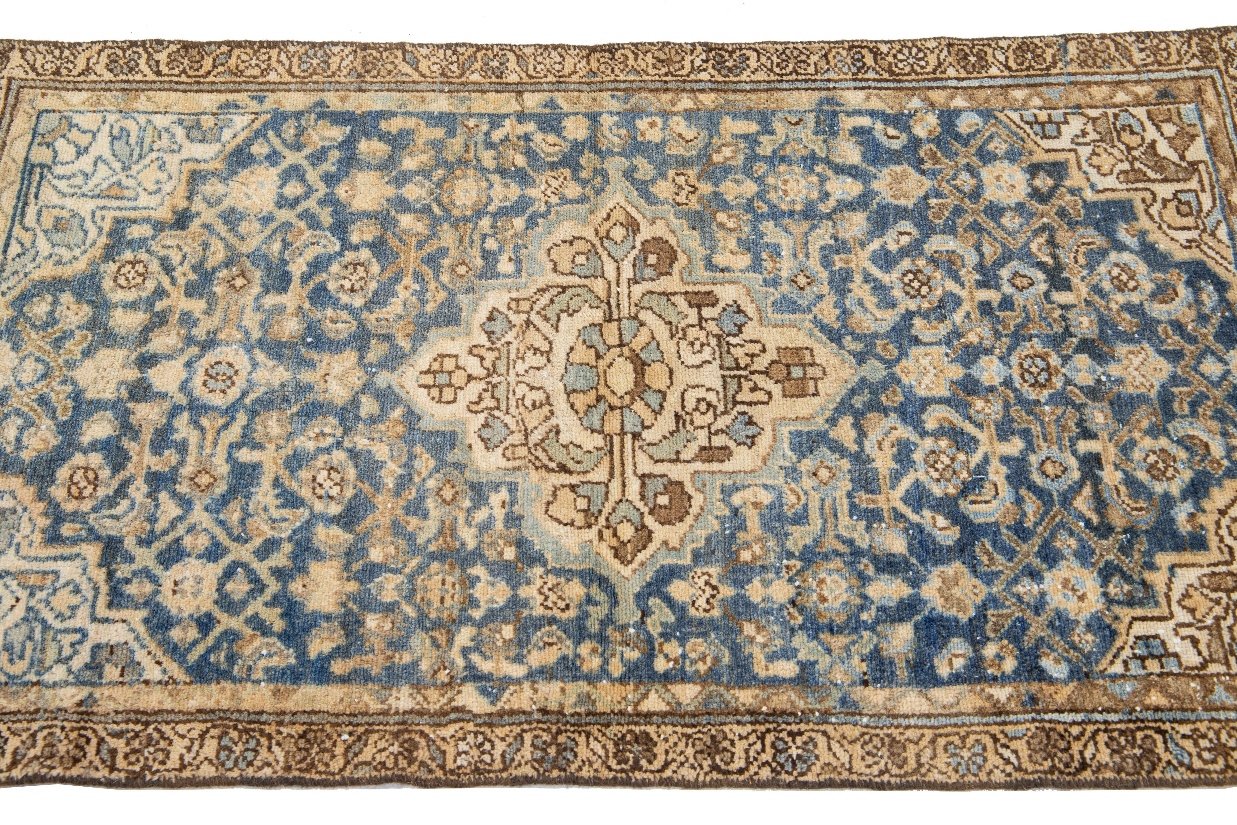 Hand-Knotted Medallion Antique Persian Hamadan Wool Rug In Blue For Sale