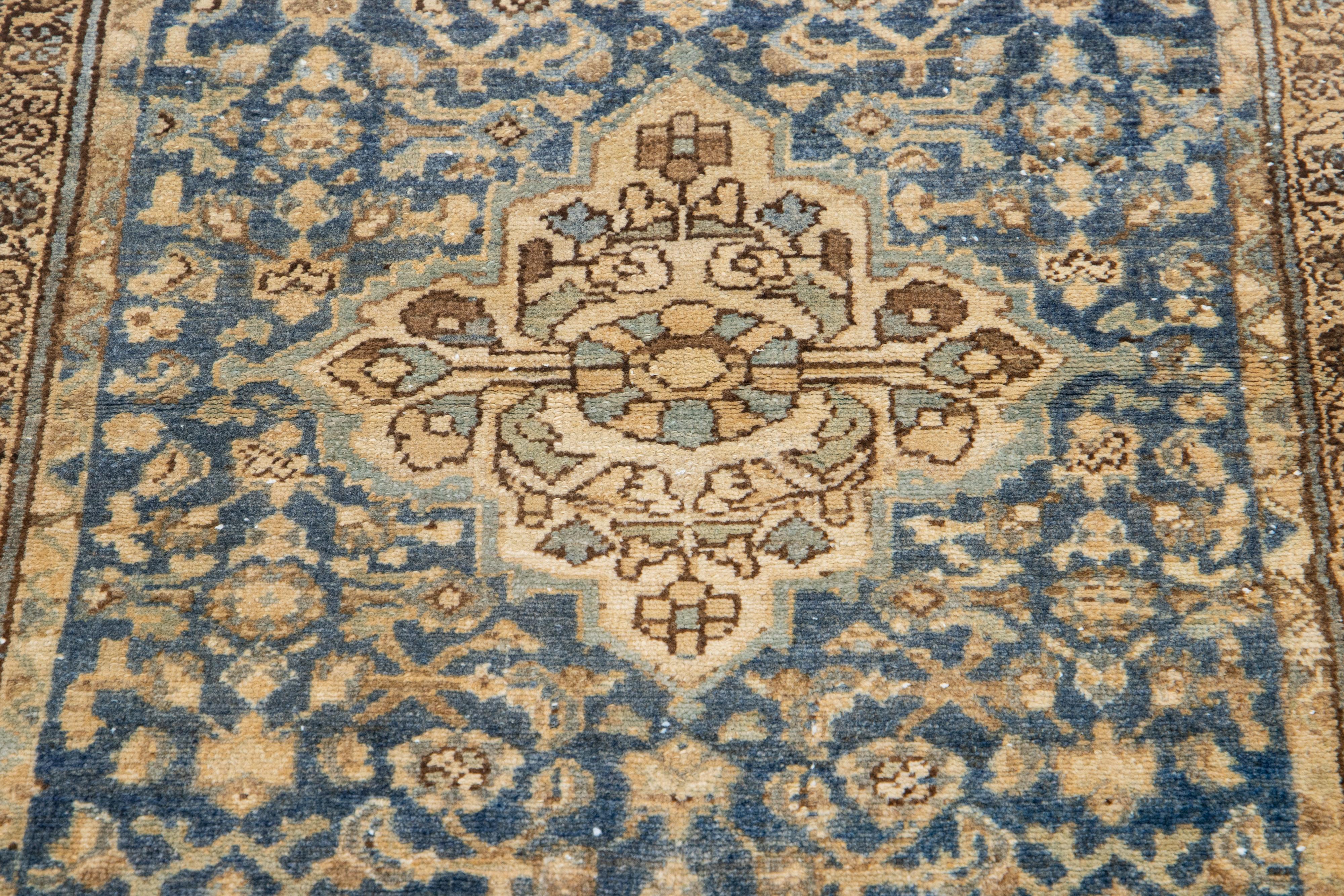 20th Century Medallion Antique Persian Hamadan Wool Rug In Blue For Sale