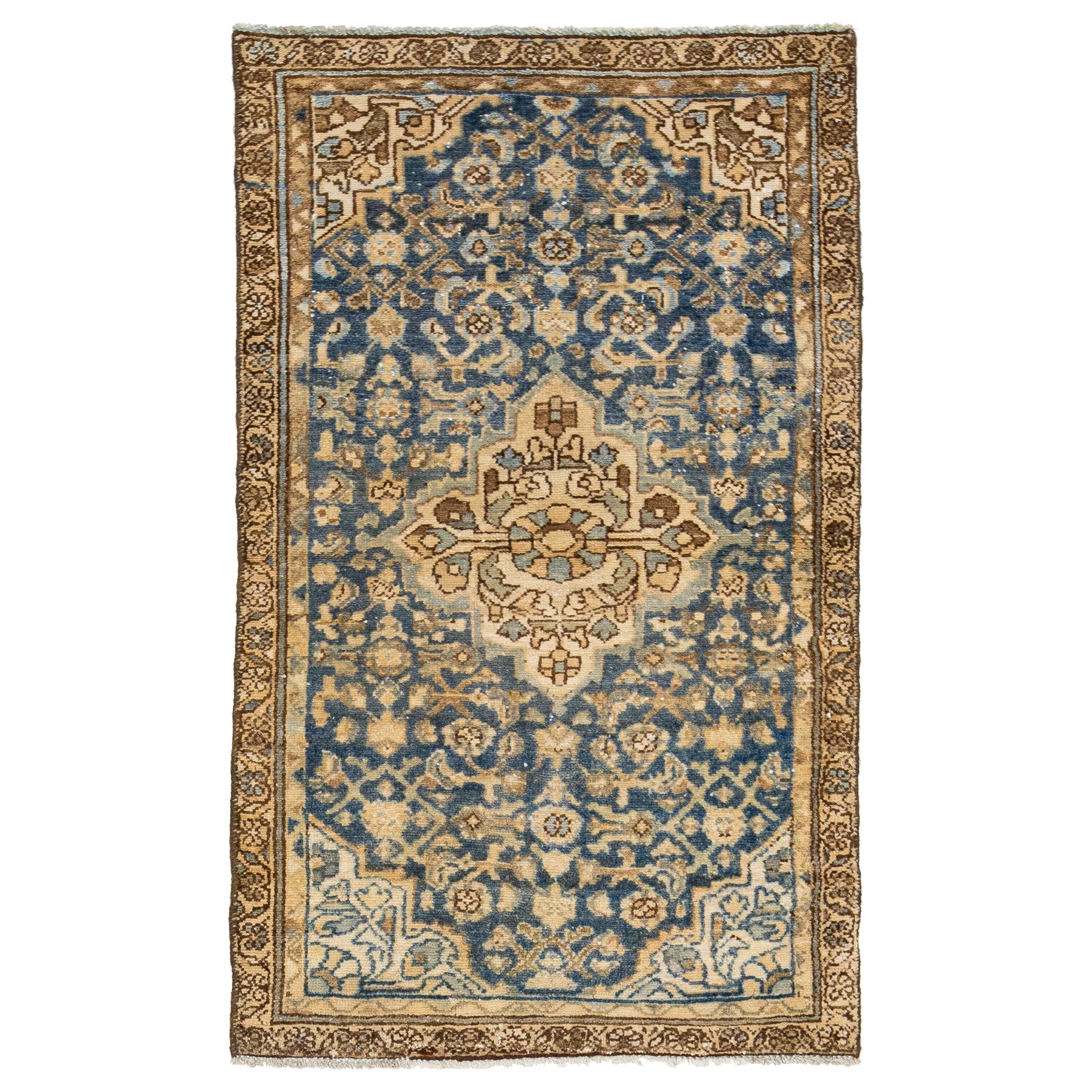 Antiker persischer Hamadan-Wollteppich in Blau mit Medaillon