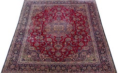 Medallion Antique Persian Kashan Handmade Wool Rug in Red