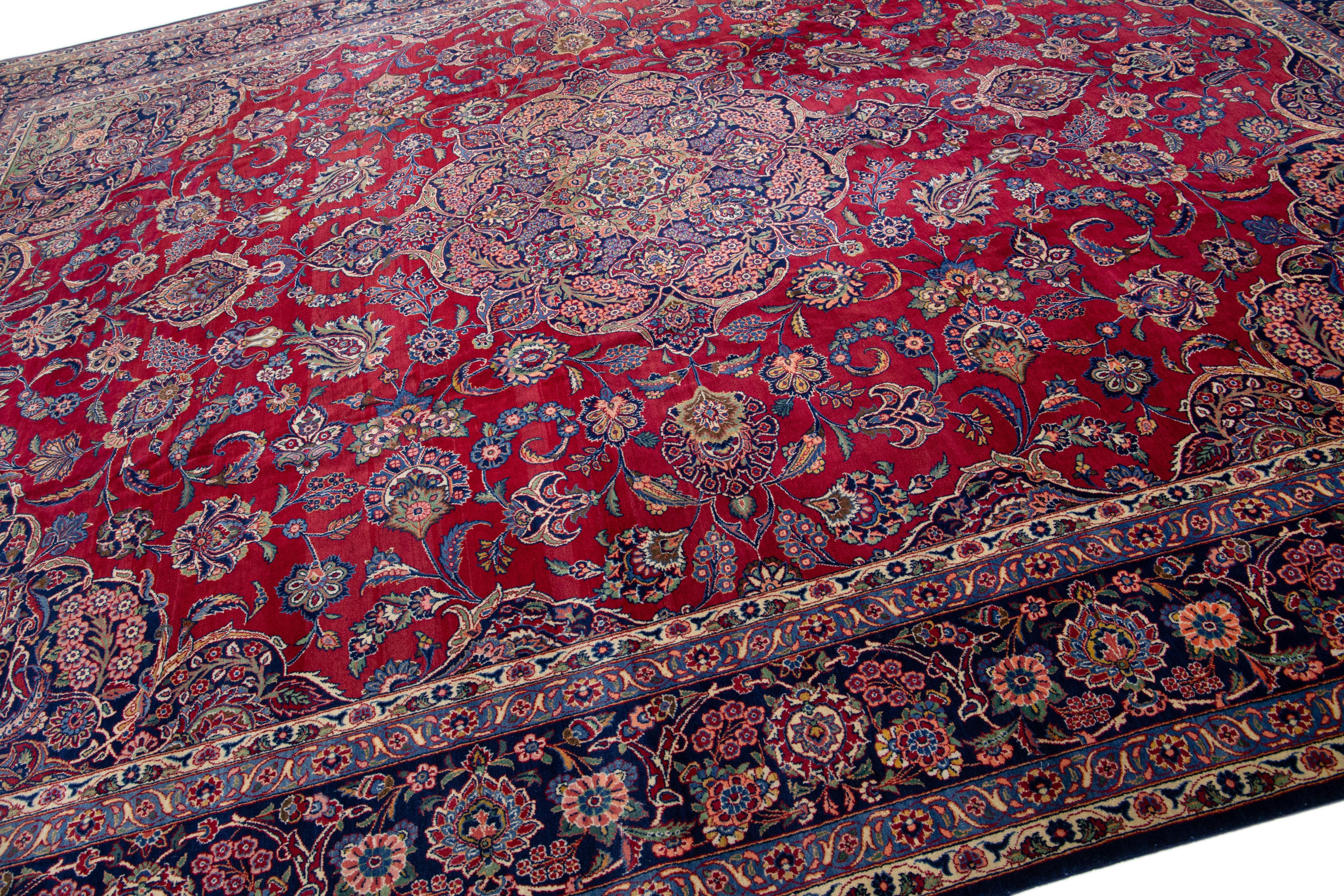 Hand-Knotted Medallion Antique Persian Kashan Handmade Wool Rug in Red For Sale