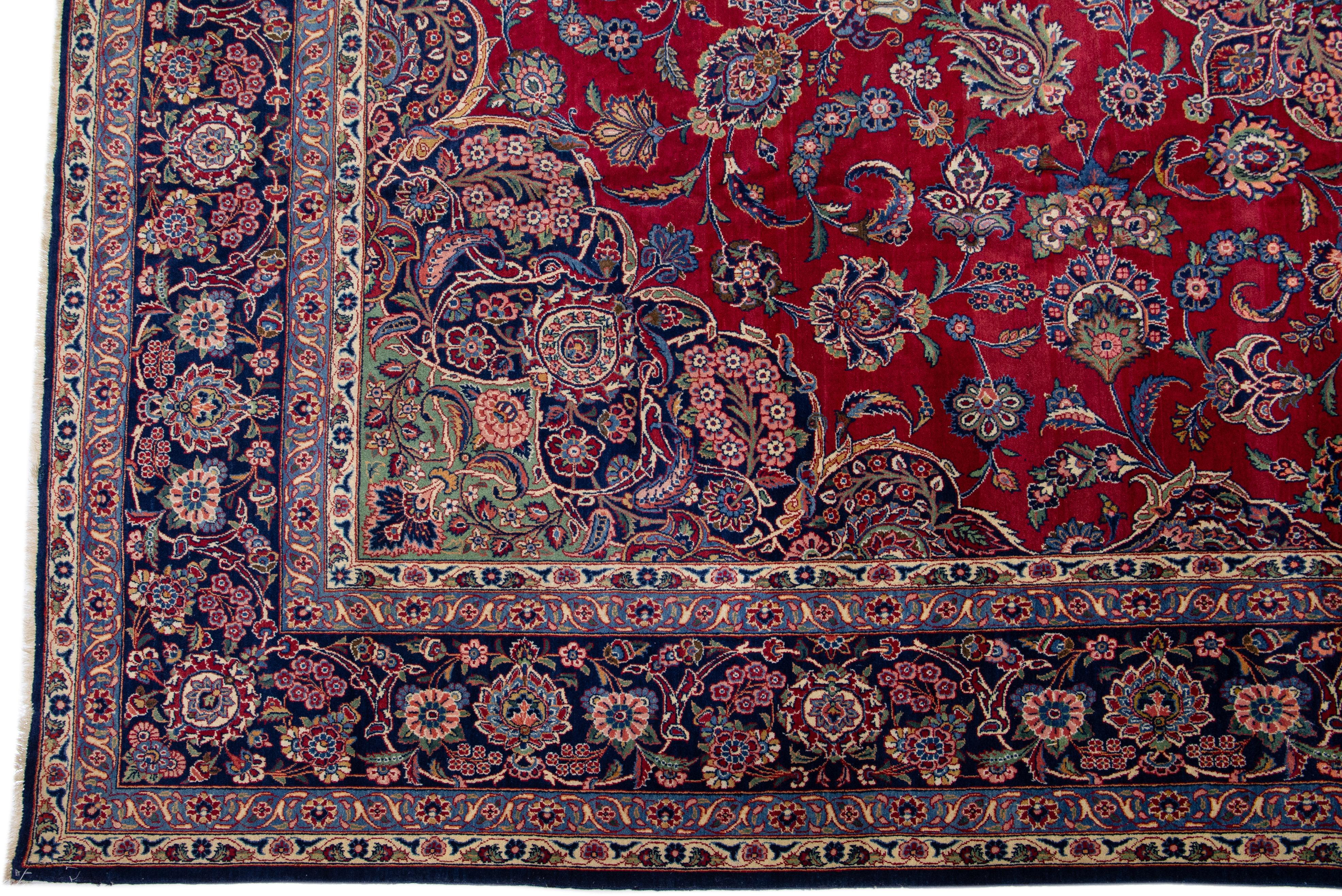 20th Century Medallion Antique Persian Kashan Handmade Wool Rug in Red For Sale