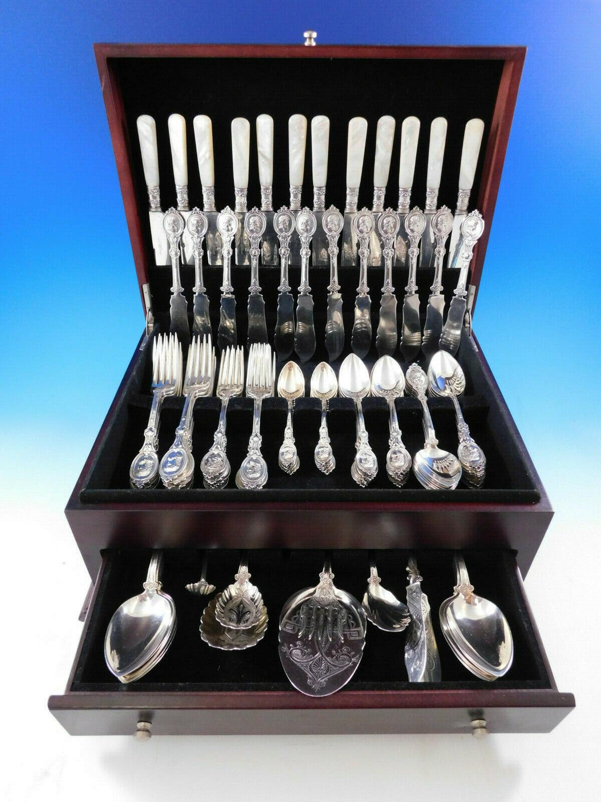 Medallion by Hotchkiss & Schreuder

Exceptionally rare Medallion by Hotchkiss & Schreuder circa 1865 sterling silver flatware set - 104 pieces. This set includes:

12 knives, mother of pearl handle, 8 1/2