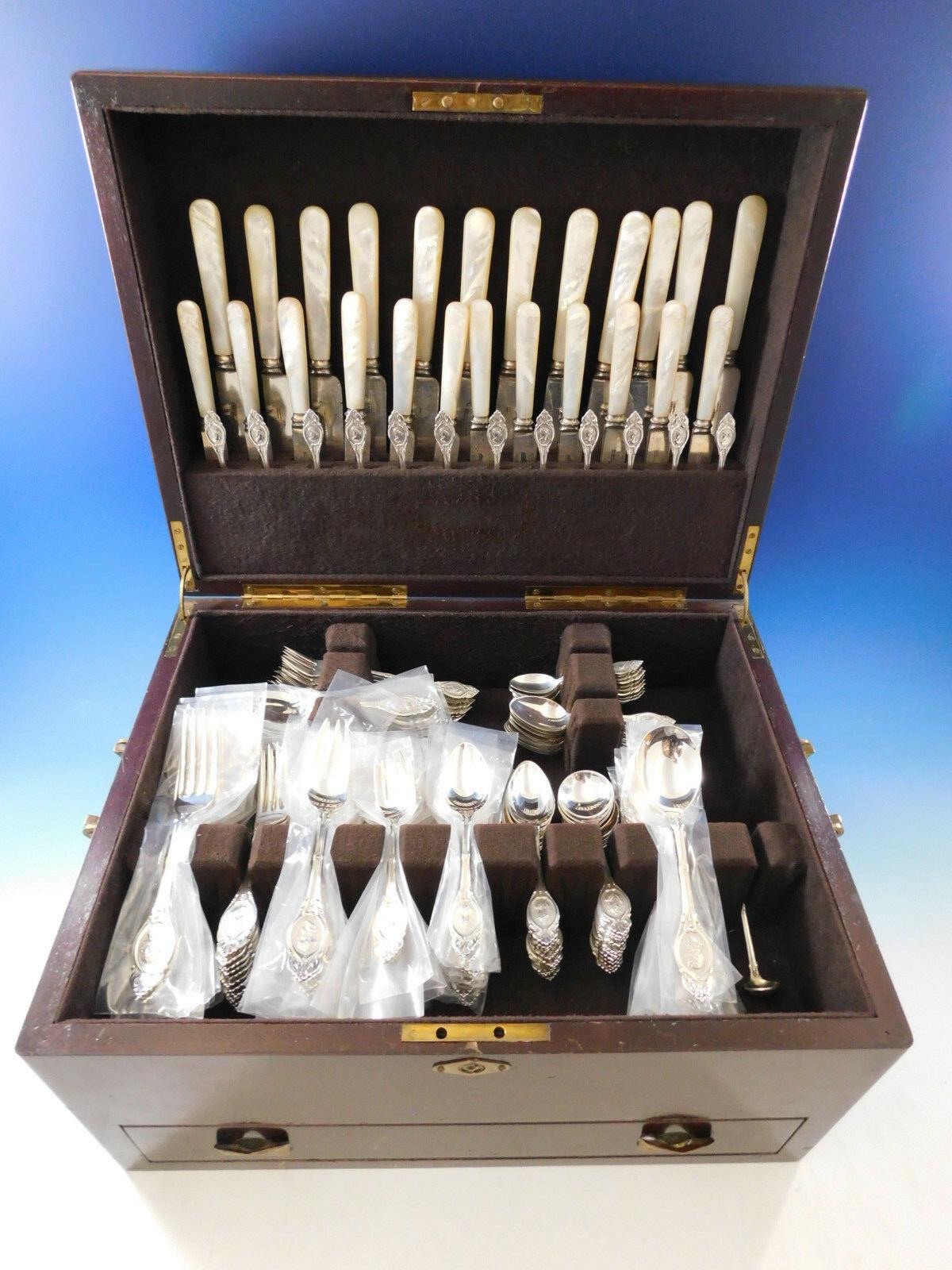 Incredible monumental dinner and Luncheon size medallion by John Polhamus/Shiebler circa 1865 sterling silver flatware set - 181 pieces. This set includes:

12 dinner size knives, mother of pearl handle, 10 1/2
