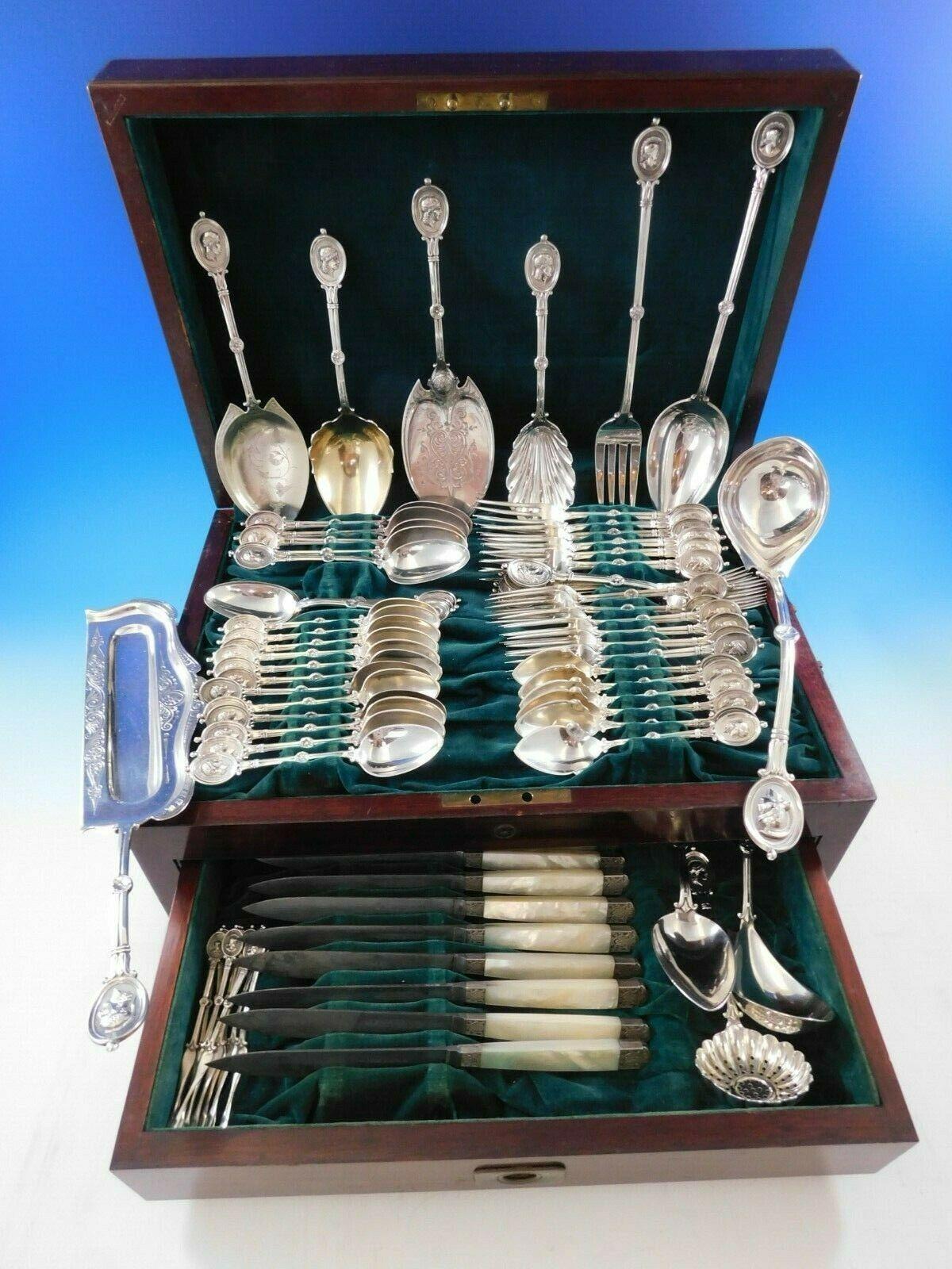 Rare multi-motif Medallion by Wendt sterling silver flatware set - 79 pieces. This set includes:

12 knives, mother of pearl handle (some wear to steel blades, as expected with age), 8 1/2