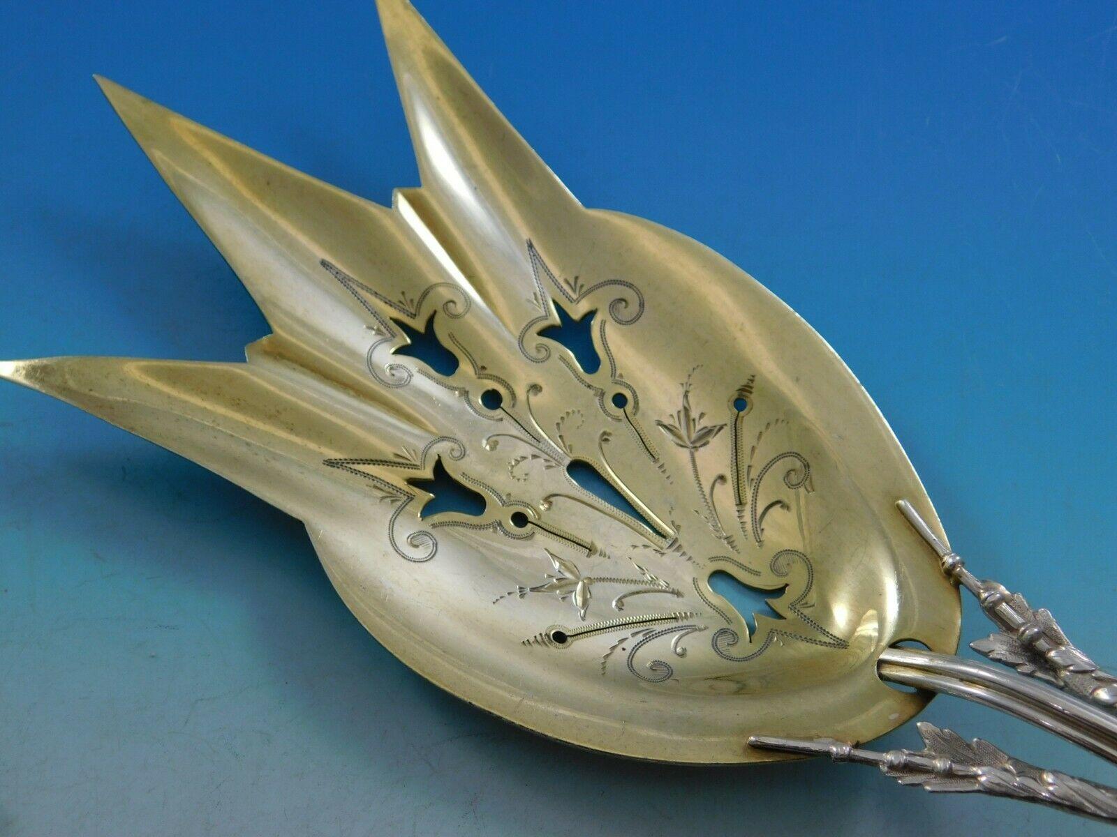 Medallion by Wood & Hughes Sterling Silver Fish Serving Set Gold Washed Pierced 2