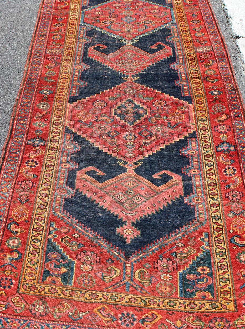 Hand-Knotted Medallion Design Antique Persian Kurdish Runner in Red and Blue For Sale