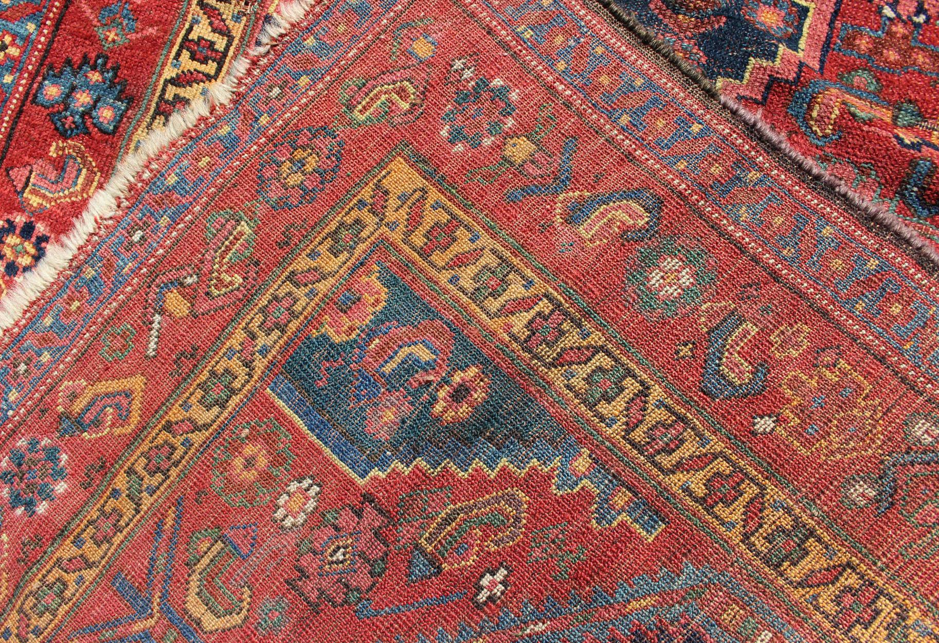 Wool Medallion Design Antique Persian Kurdish Runner in Red and Blue For Sale