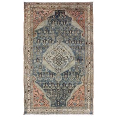 Medallion Design Antique Persian Malayer Rug in Blue/Gray/Green and Salmon/Pink