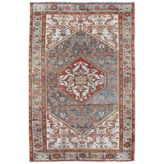 Tappeto Malayer persiano antico con design a medaglione nei toni del blu/grigio, argento e rosso