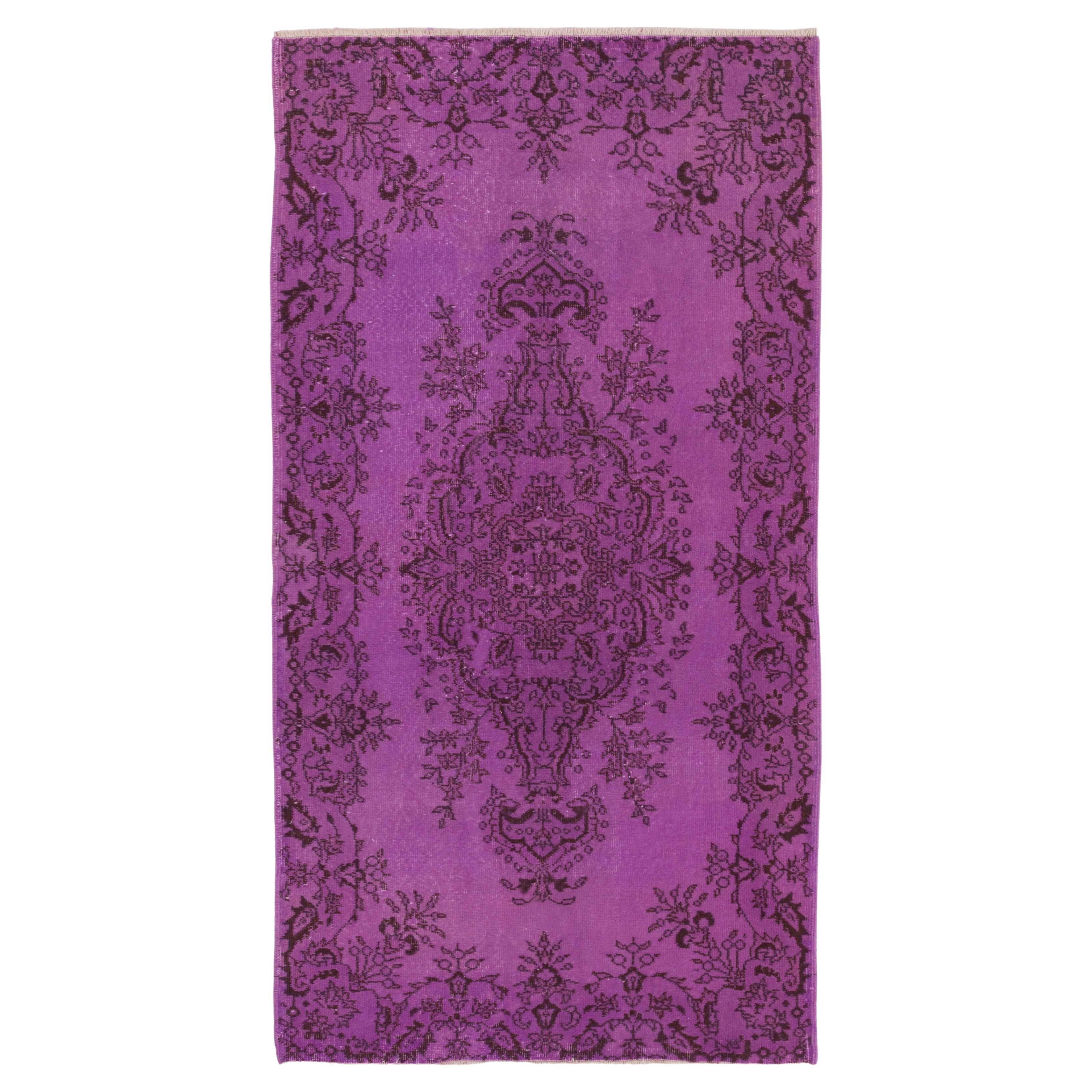 4x7 Ft Midcentury Handmade Turkish Accent Rug in Purple with Medallion Design For Sale