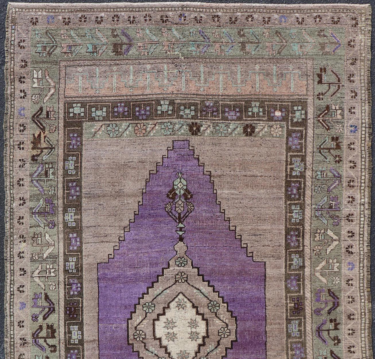 Hand-Knotted Medallion Design Vintage Oushak Rug in Brown, Mint Green, and Purple For Sale