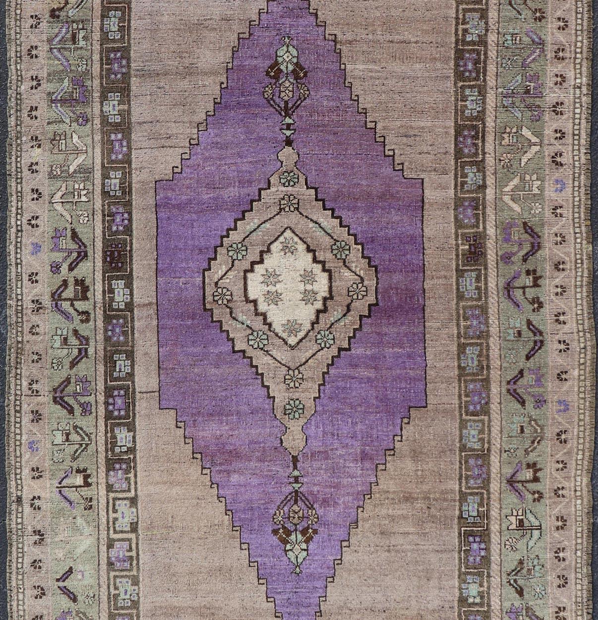 Medallion Design Vintage Oushak Rug in Brown, Mint Green, and Purple In Good Condition For Sale In Atlanta, GA