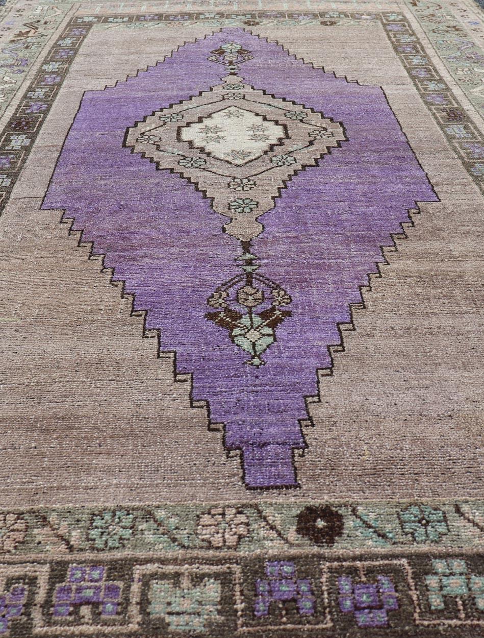 Wool Medallion Design Vintage Oushak Rug in Brown, Mint Green, and Purple For Sale
