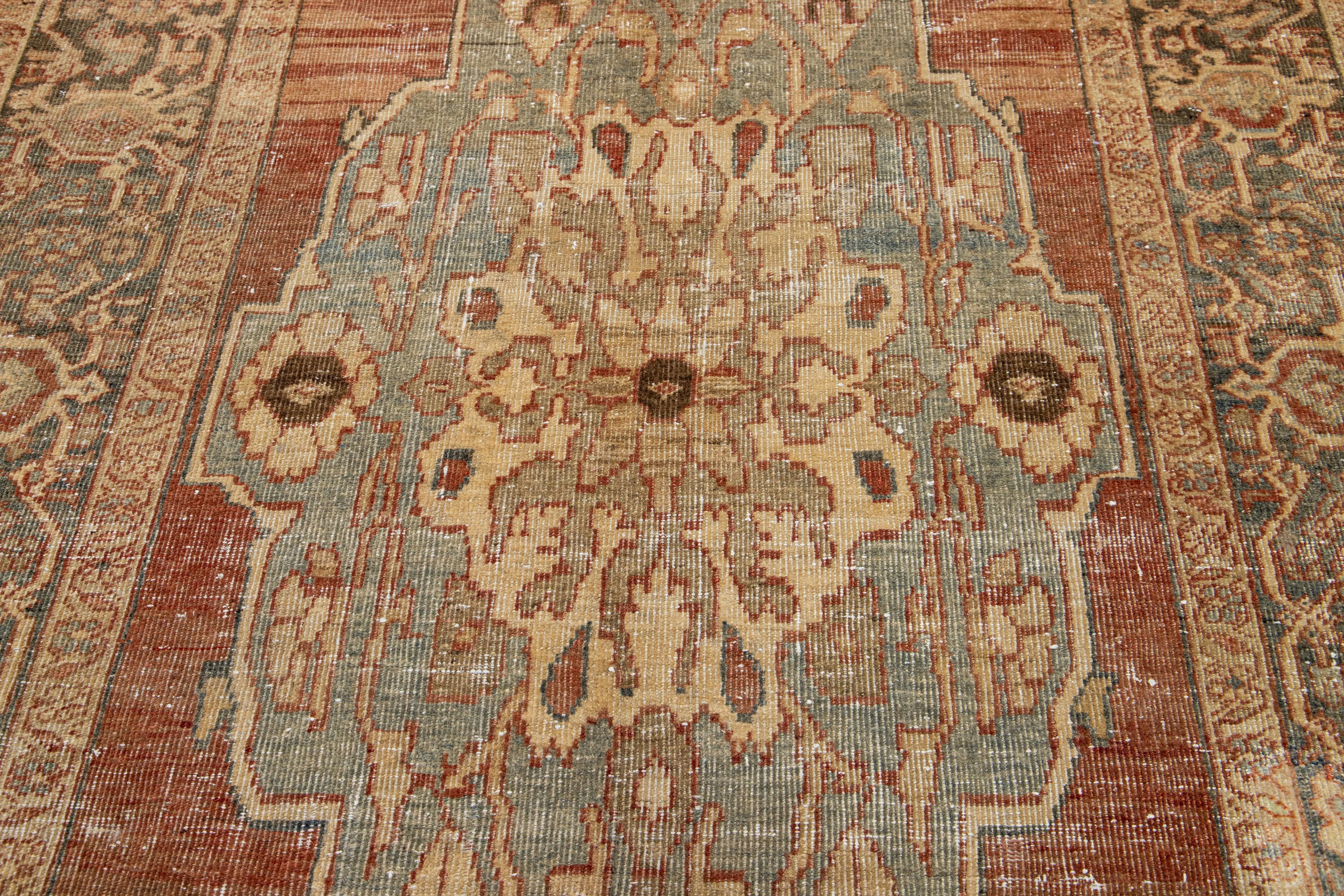 Persian Medallion Designed Antique Mahal Wool Rug In Rust Color For Sale
