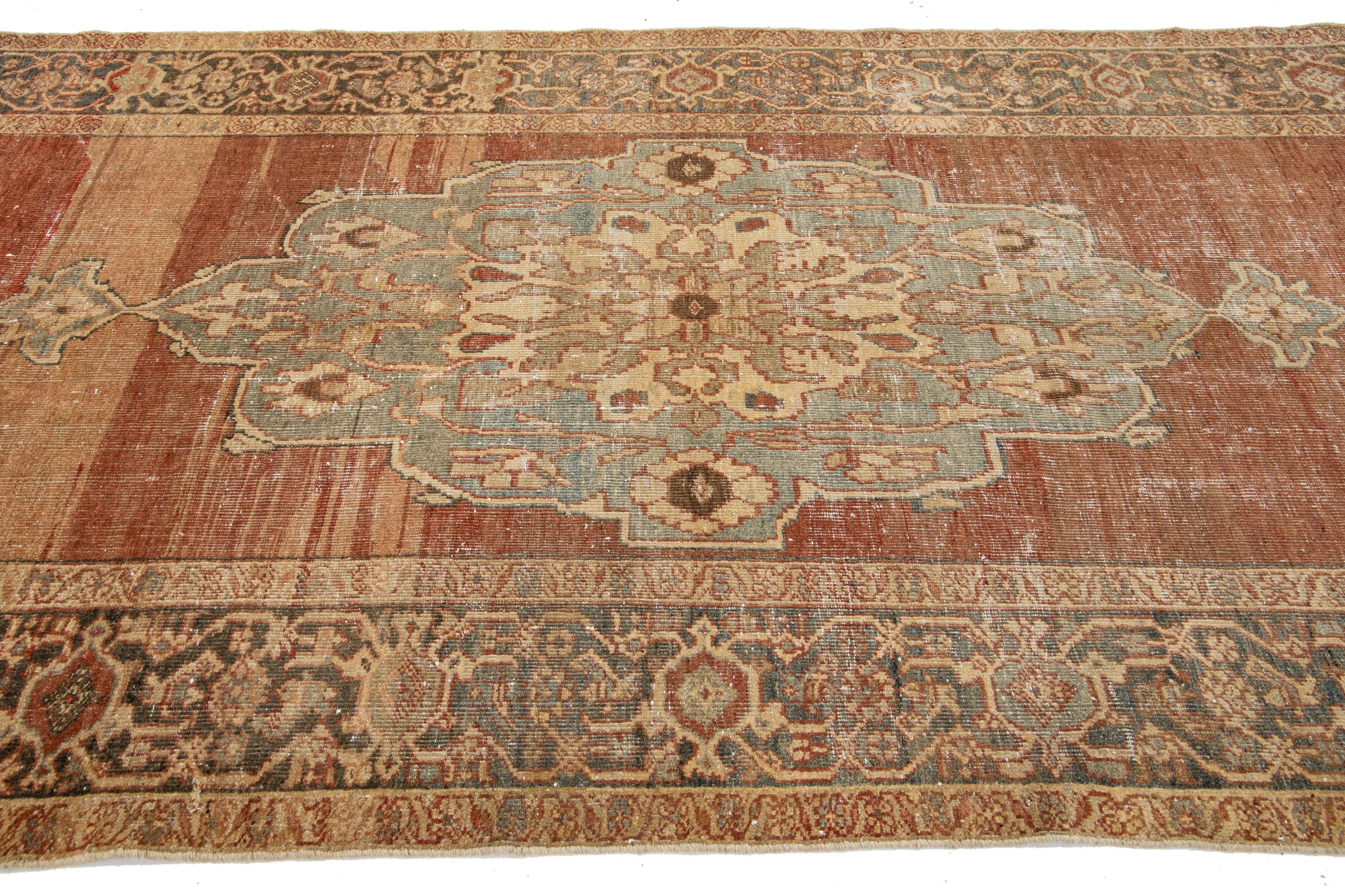 Medallion Designed Antique Mahal Wool Rug In Rust Color For Sale 2