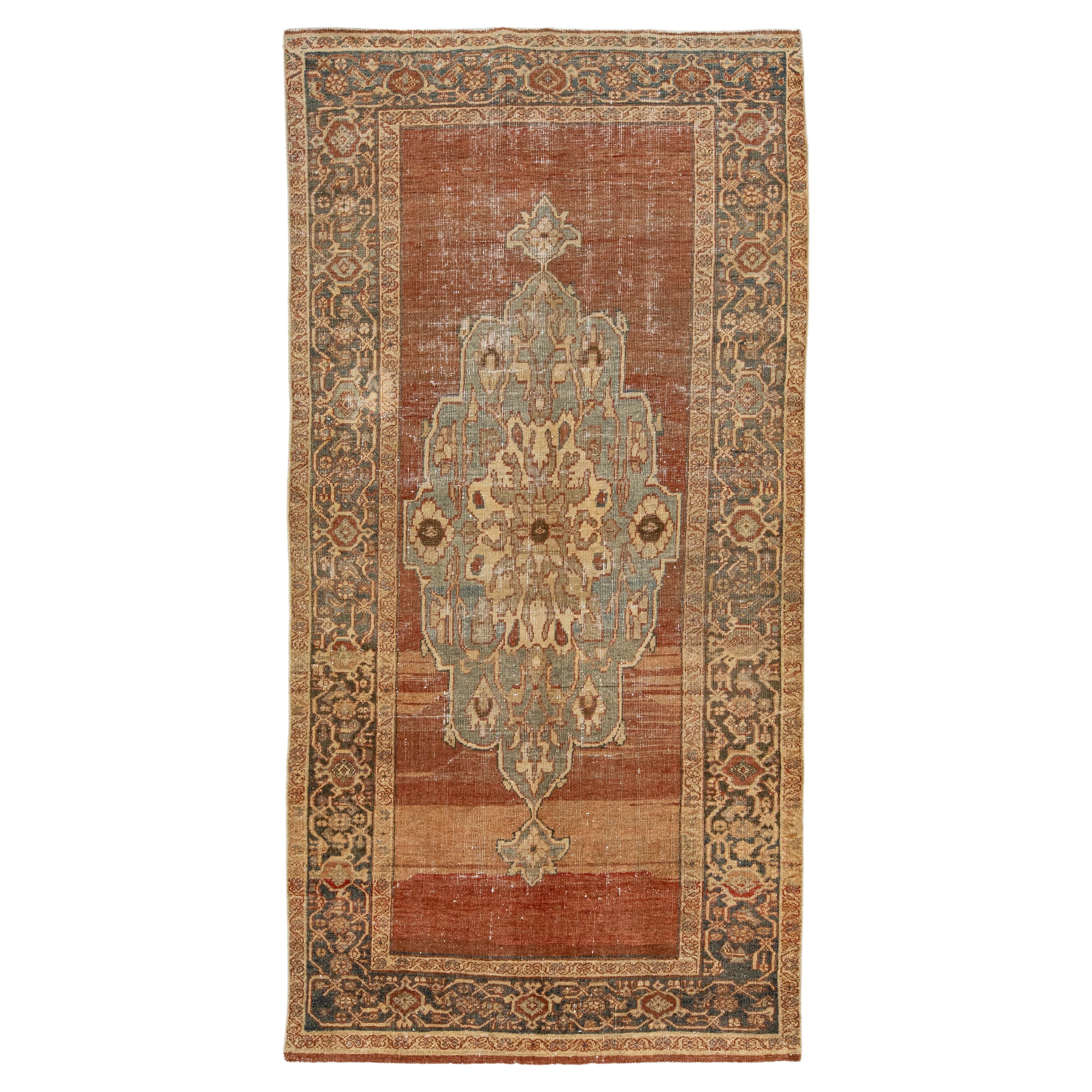 Medallion Designed Antique Mahal Wool Rug In Rust Color For Sale