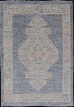 Medallion Designed Modern Oushak with Blue Background and Cream Border