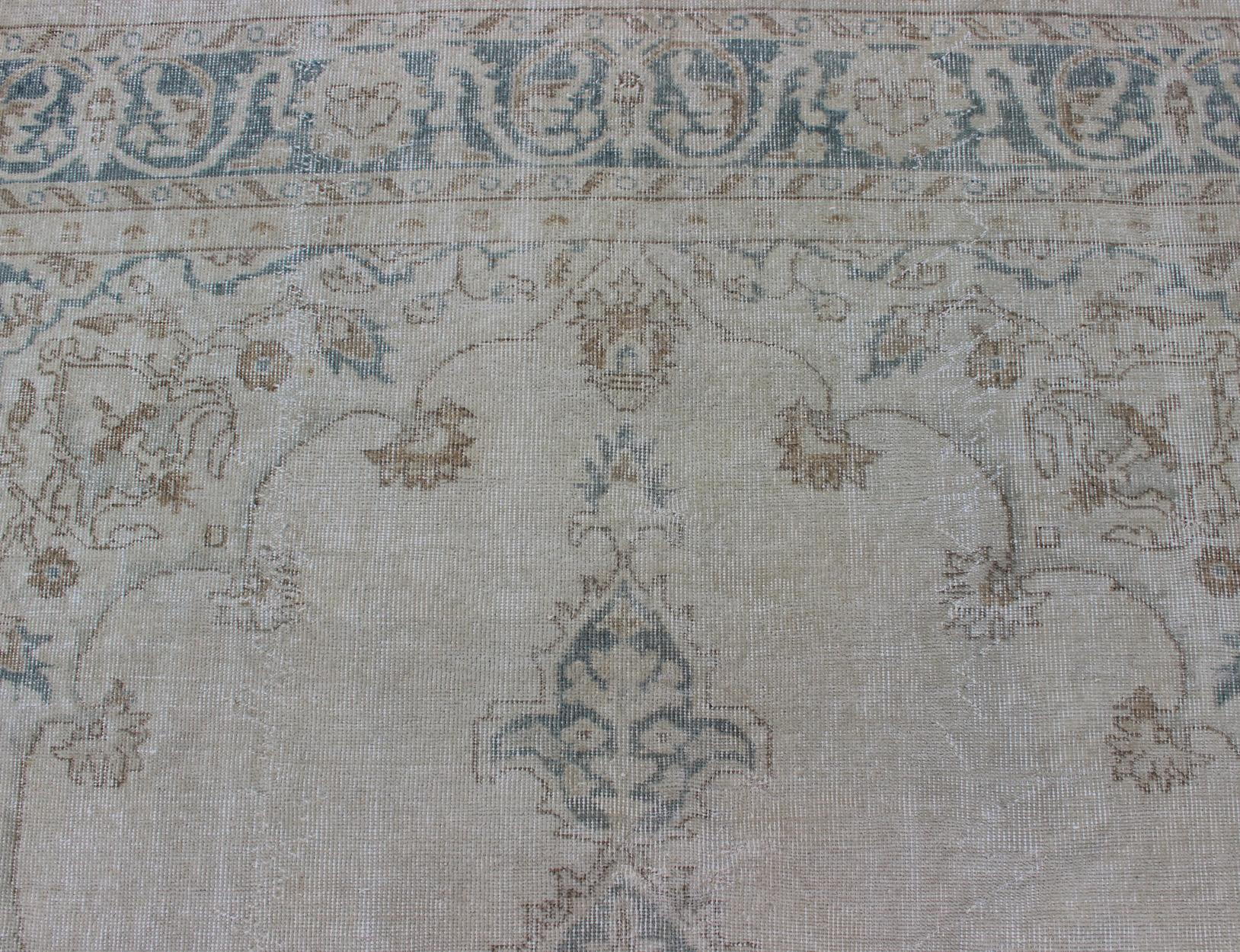 Medallion Distressed Oushak Turkey in Cream, Blue Tones, brown and Teal Blue For Sale 3
