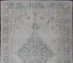 Medallion Distressed Oushak Turkey in Cream, Blue Tones, brown and Teal Blue