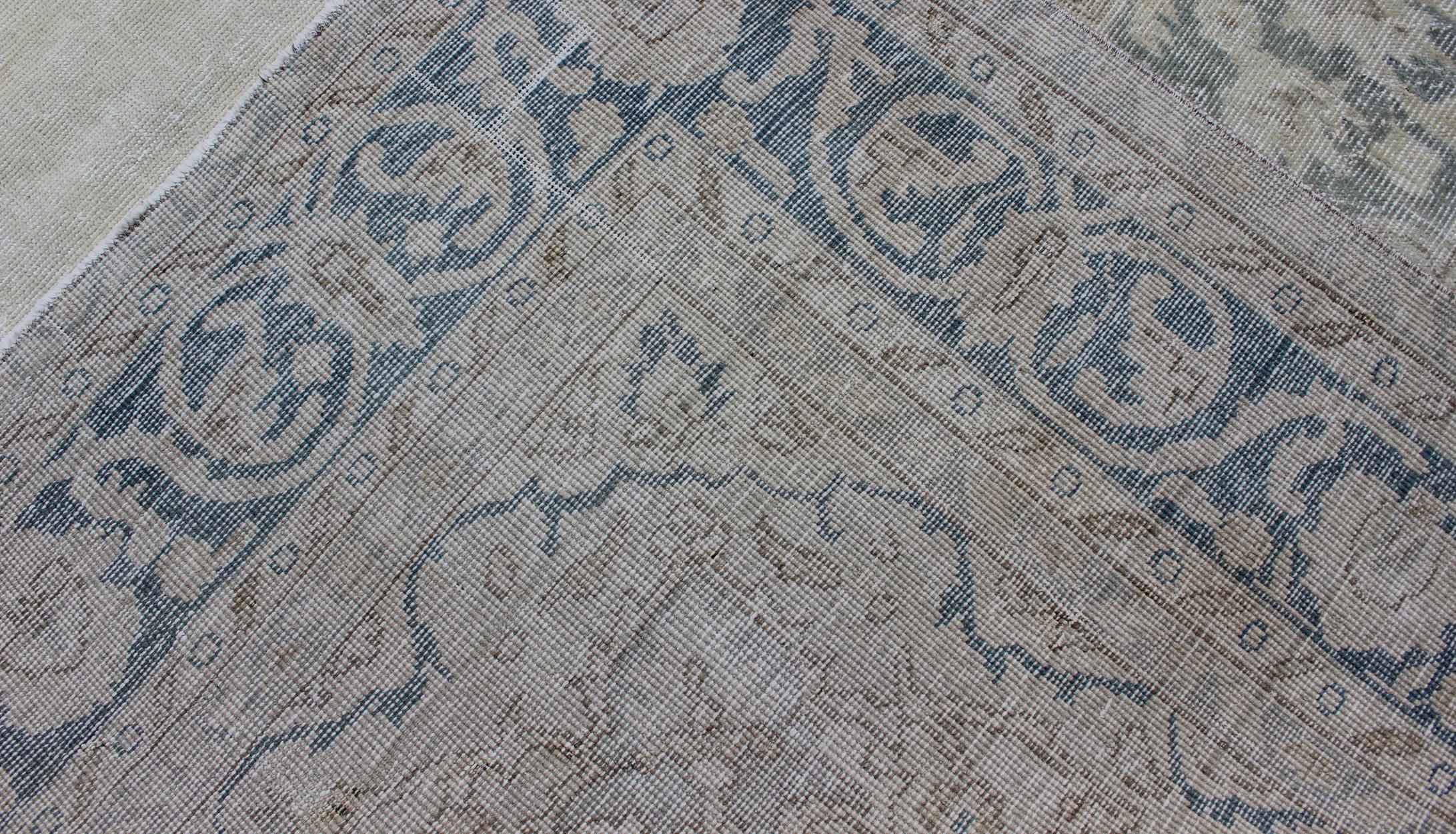Turkish Medallion Distressed Oushak Turkey in Cream, Blue Tones, brown and Teal Blue For Sale