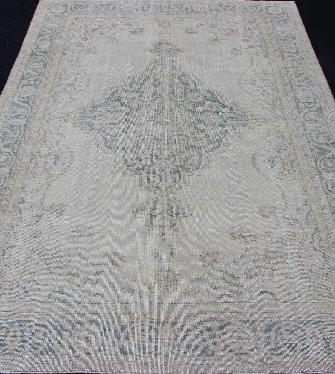 Wool Medallion Distressed Oushak Turkey in Cream, Blue Tones, brown and Teal Blue For Sale