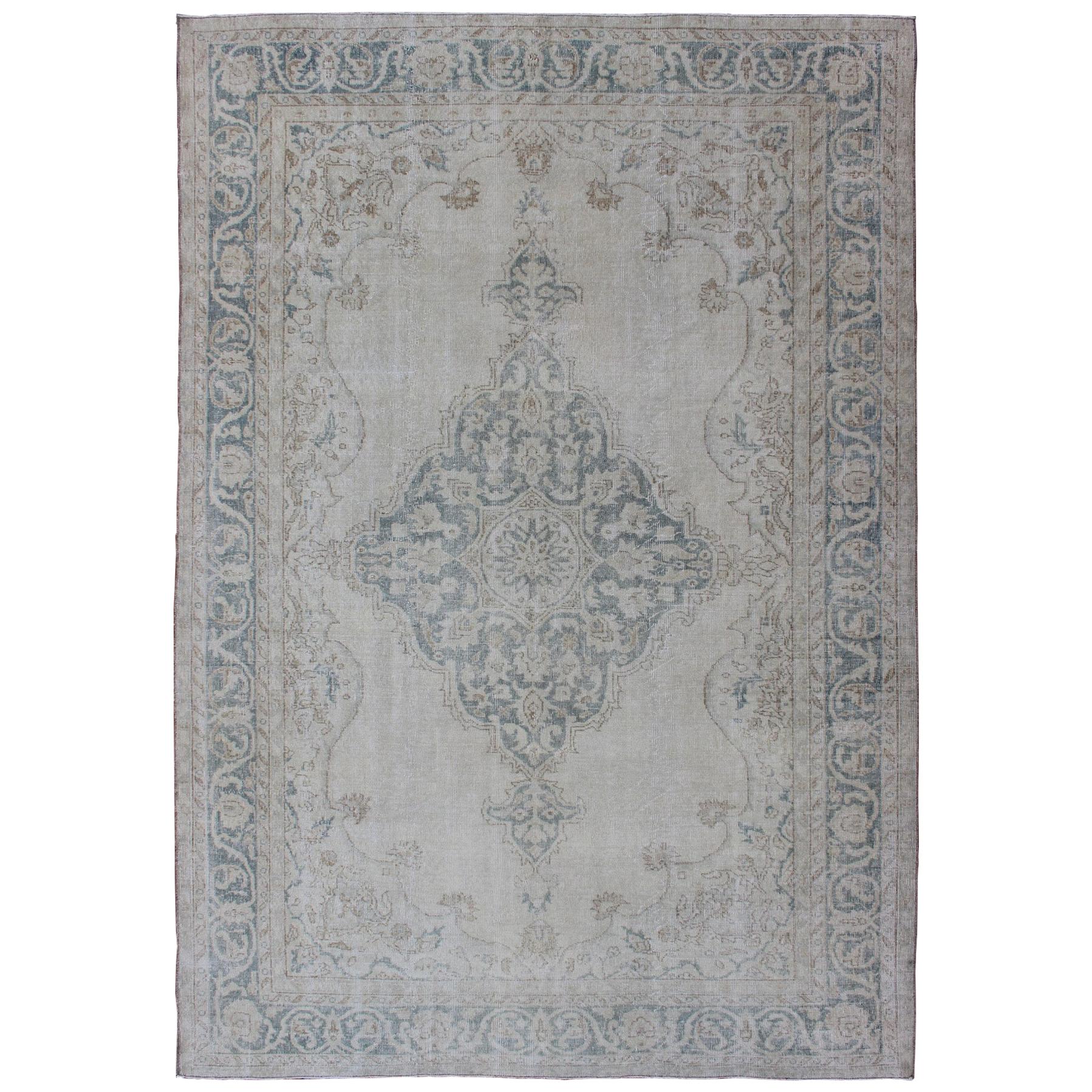 Medallion Distressed Oushak Turkey in Cream, Blue Tones, brown and Teal Blue For Sale