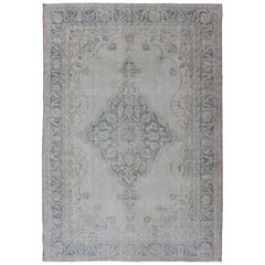 Medallion Distressed Oushak Turkey in Cream, Blue Tones, brown and Teal Blue