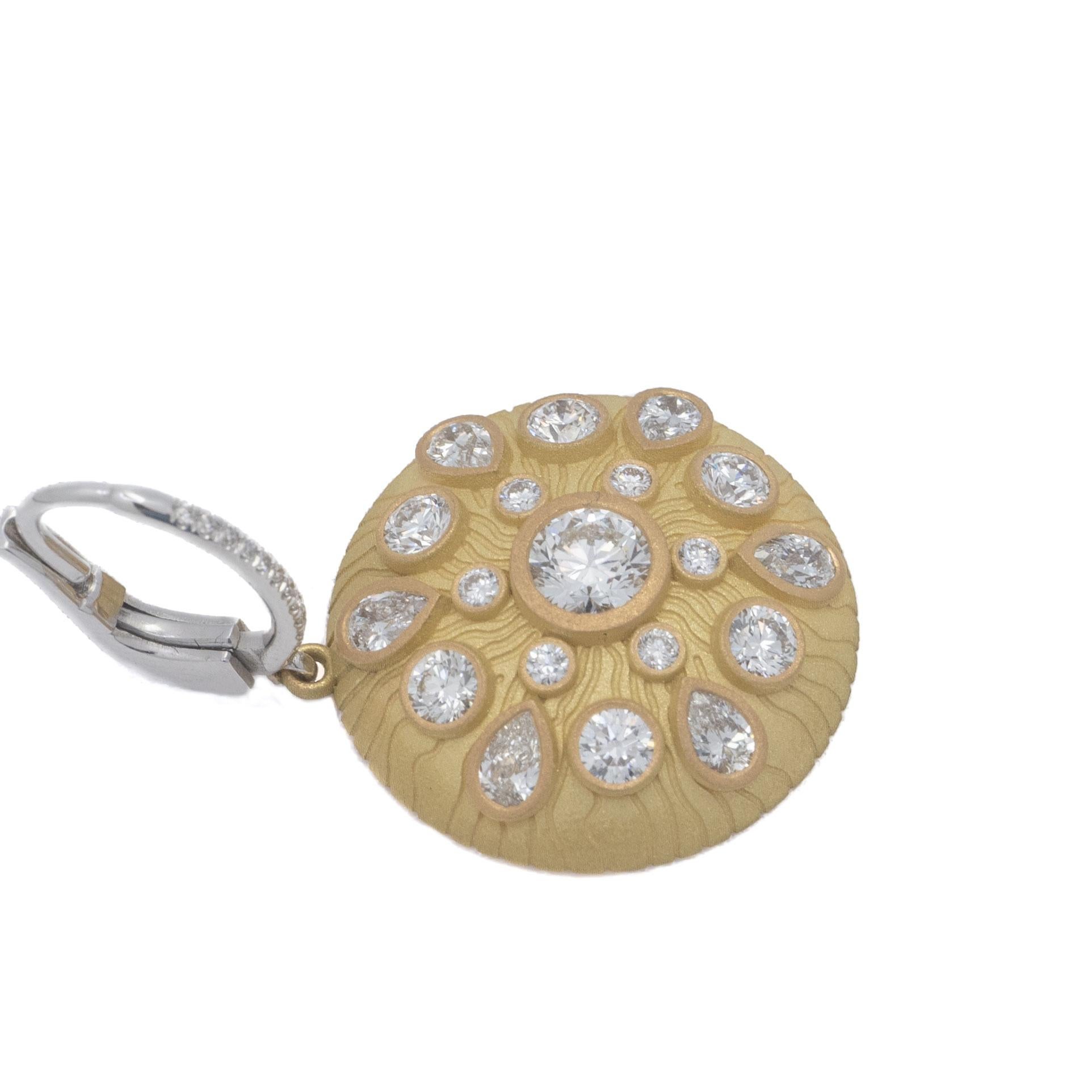 Round Cut Medallion Earrings with Mixed Shaped Diamonds in 18K Gold For Sale