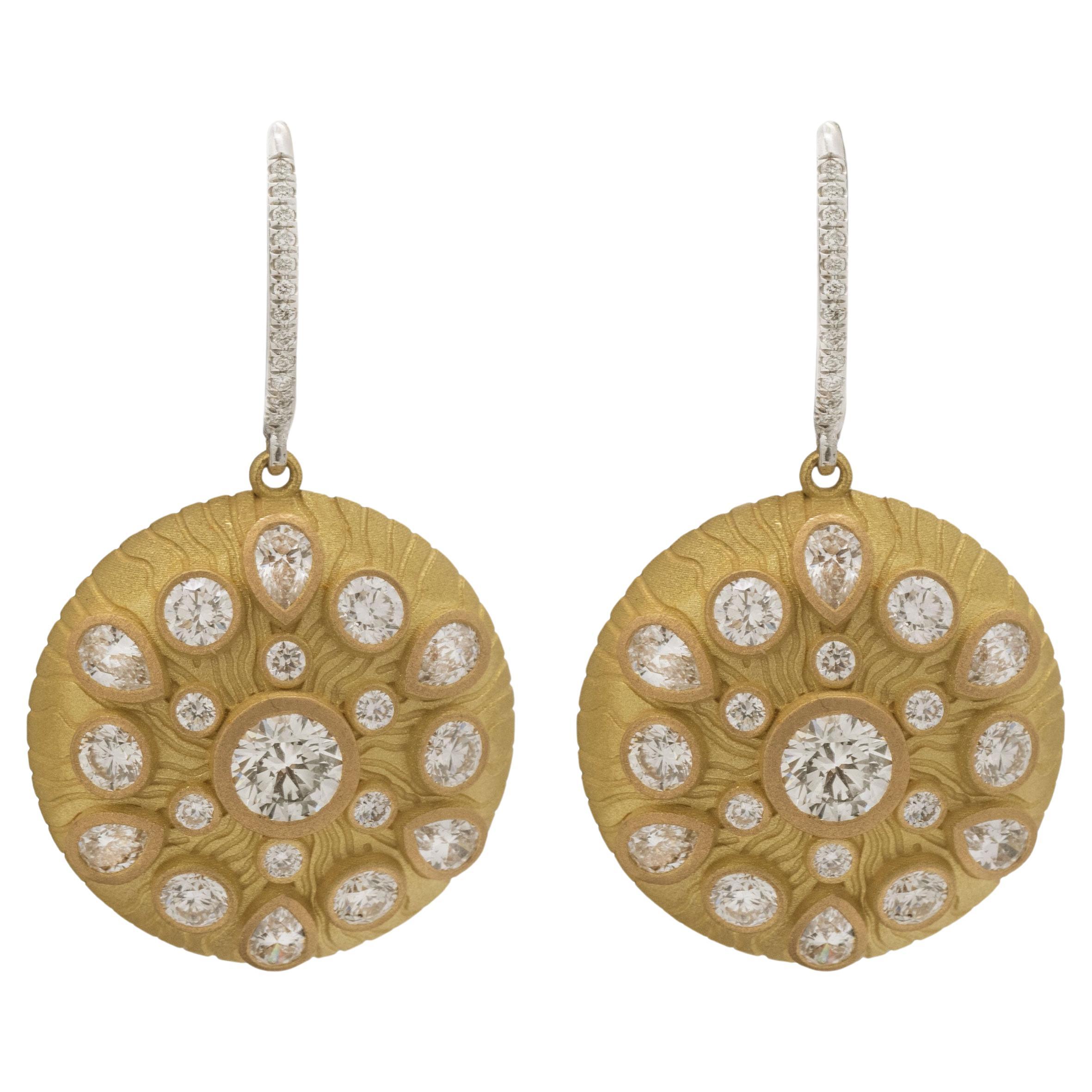Medallion Earrings with Mixed Shaped Diamonds in 18K Gold For Sale