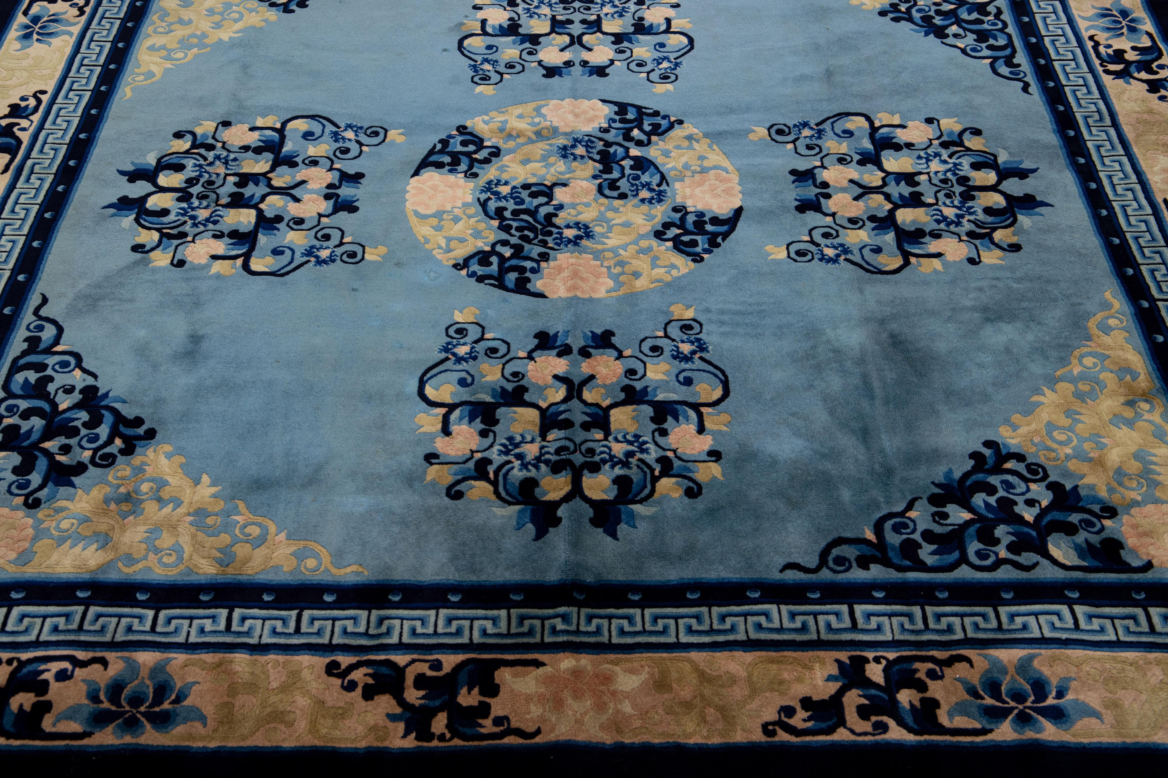 20th Century Medallion Handmade Antique Chinese Peking Square Wool Rug in Blue For Sale