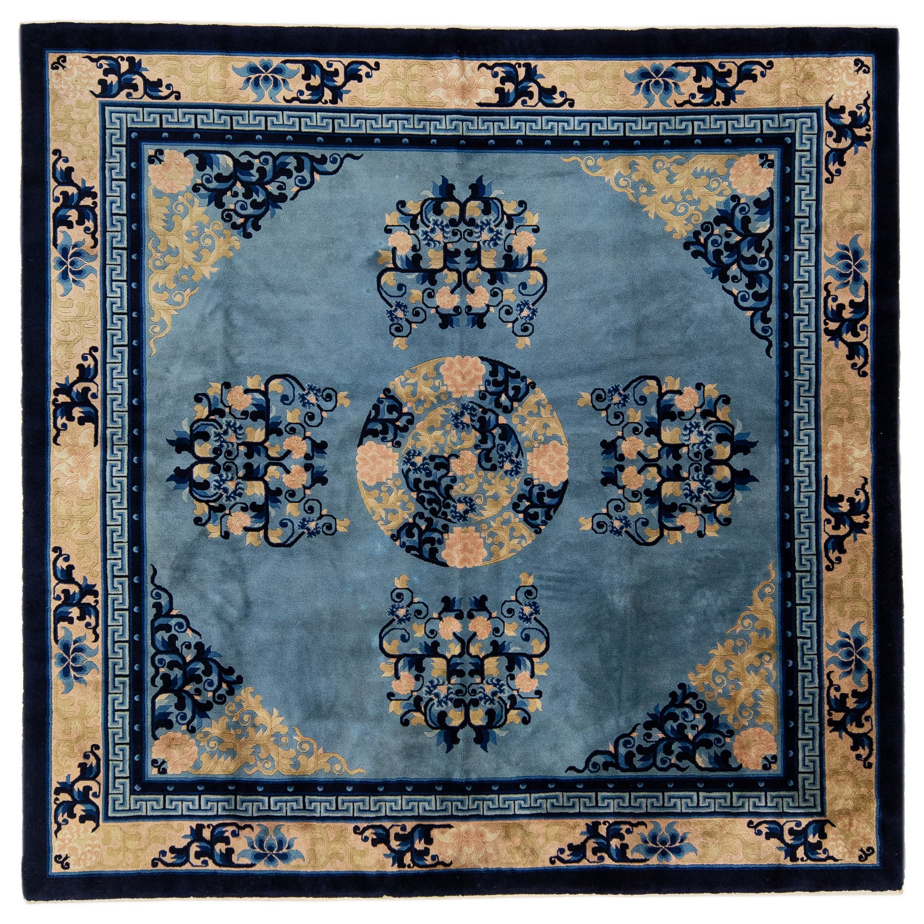 Handgefertigter antiker chinesischer Pekinger quadratischer Wollteppich in Blau mit Medaillon