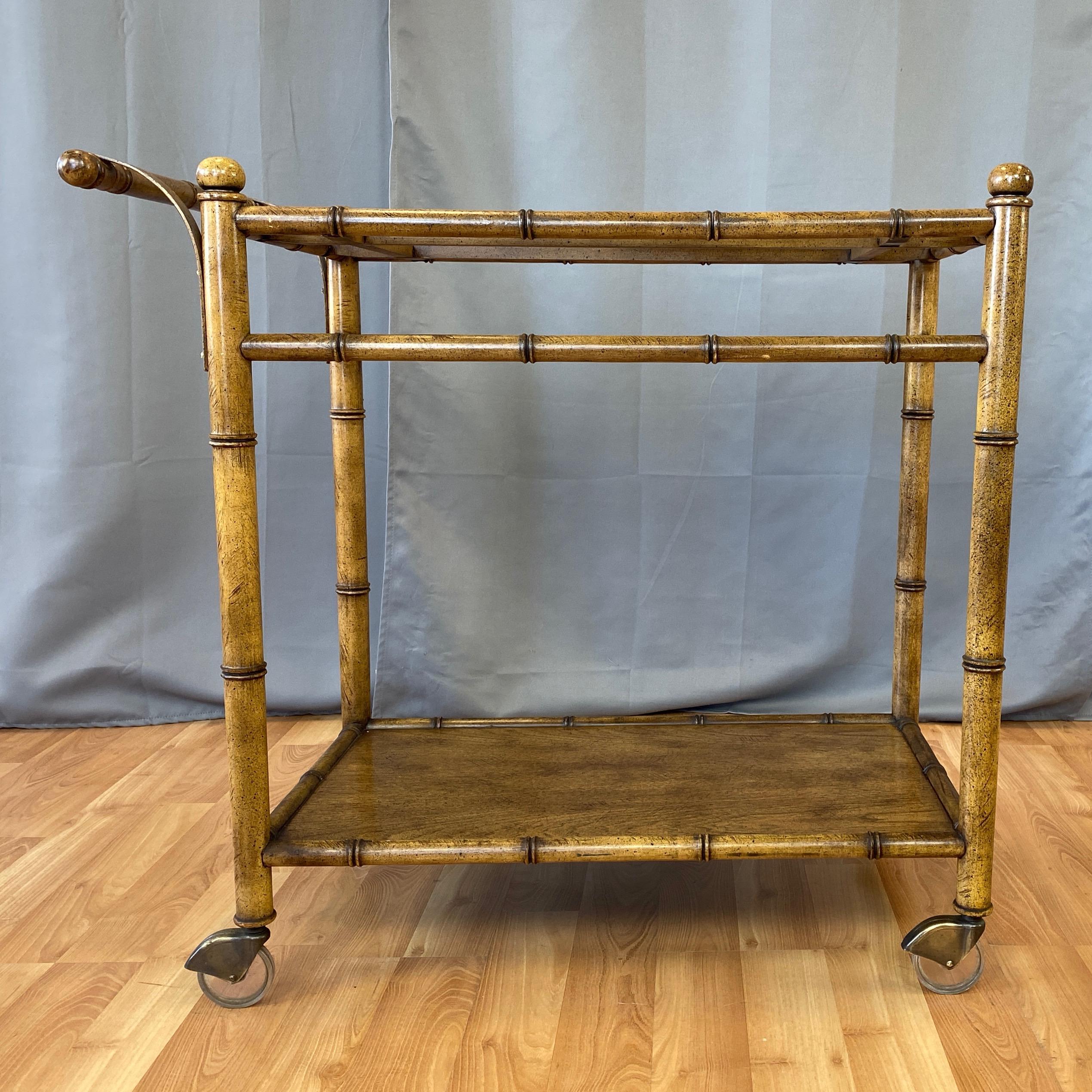American Medallion Limited Chinese Chippendale-Style Faux Bamboo Oak Bar Cart, 1960s