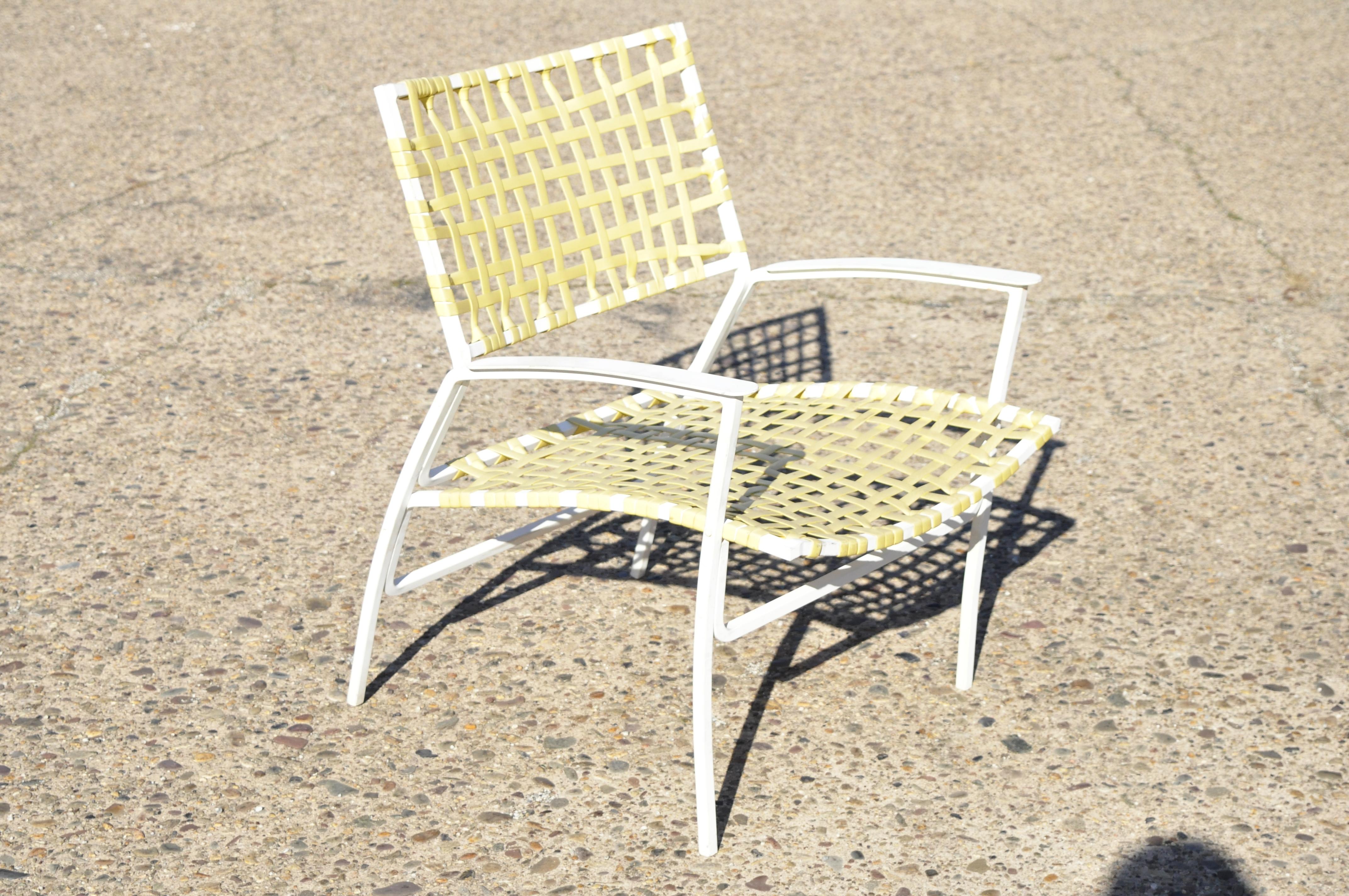 Medallion Mid-Century Modern aluminum yellow woven vinyl strap patio POOL lounge chair and ottoman. Item features yellow woven vinyl strap seat and back, white cast aluminum frames, clean modernist lines, sleek sculptural form. (1) Lounge arm chair,