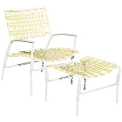 Vintage Medallion Midcentury Aluminum Yellow Vinyl Strap Patio Lounge Chair and Ottoman