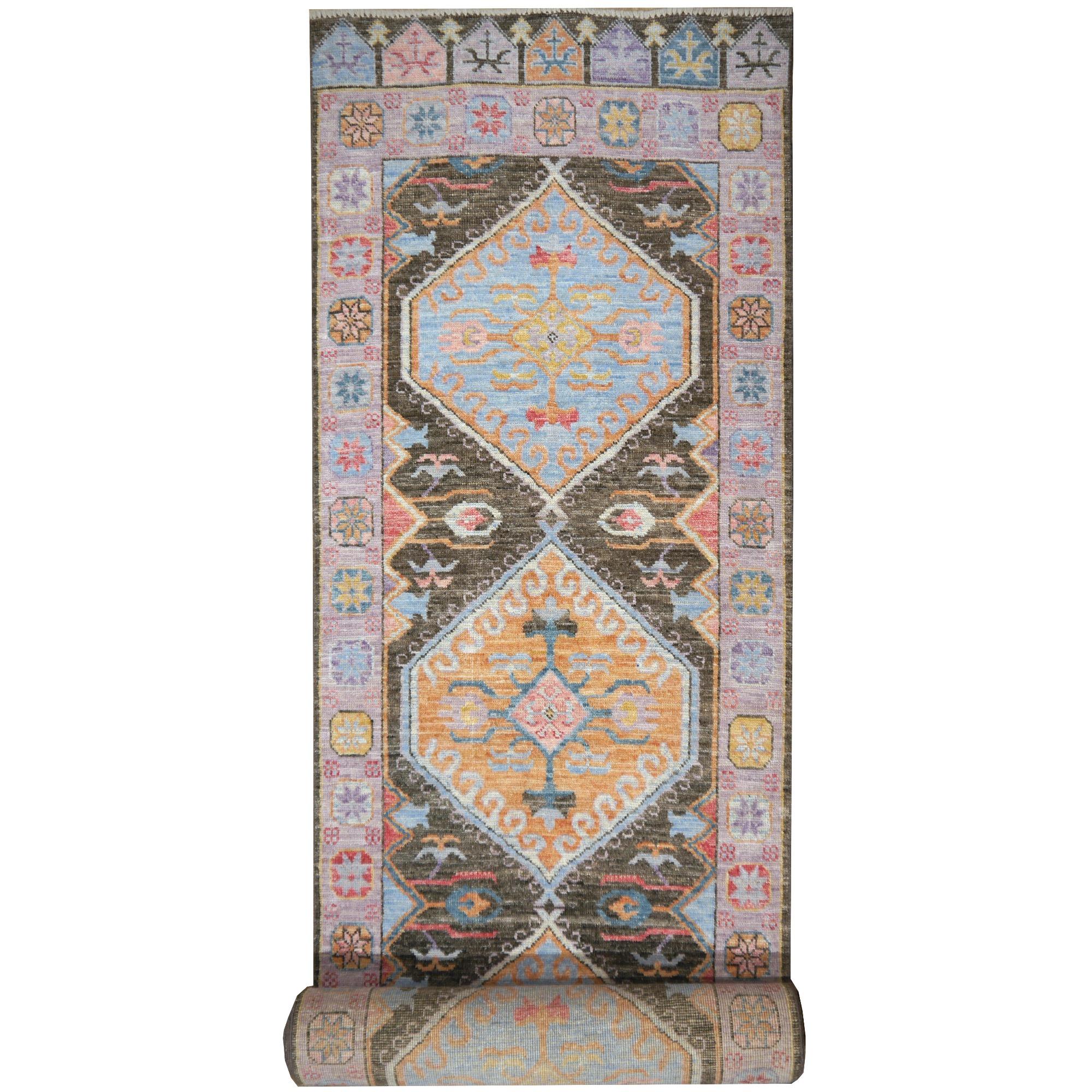 Medallion Oushak Runner with Geometric Design Hallway or Stair Carpet For Sale 1