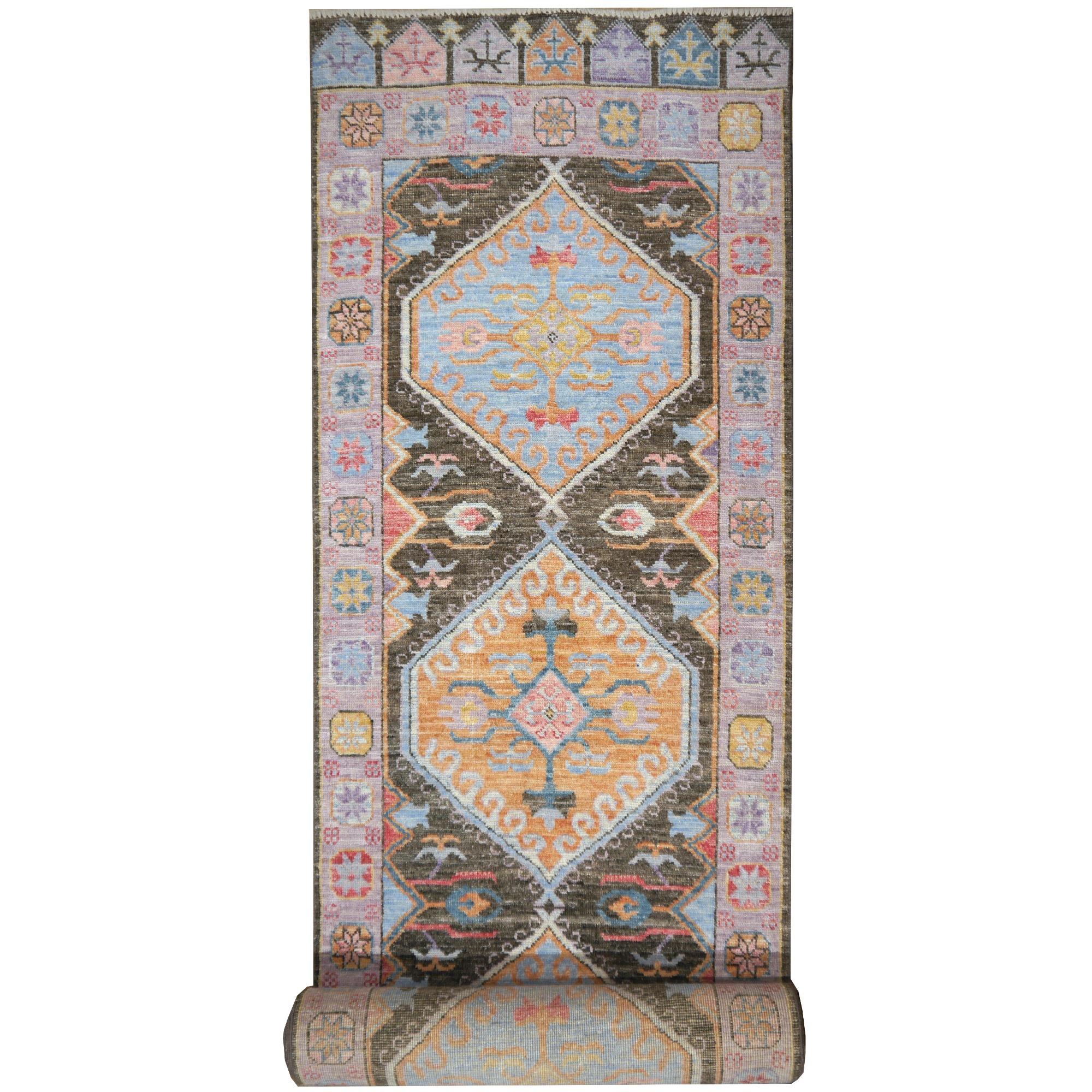 Oushak-Läufer mit Medaillon und geometrischem Design, Flur- oder Stair-Teppich mit Medaillon im Angebot 1